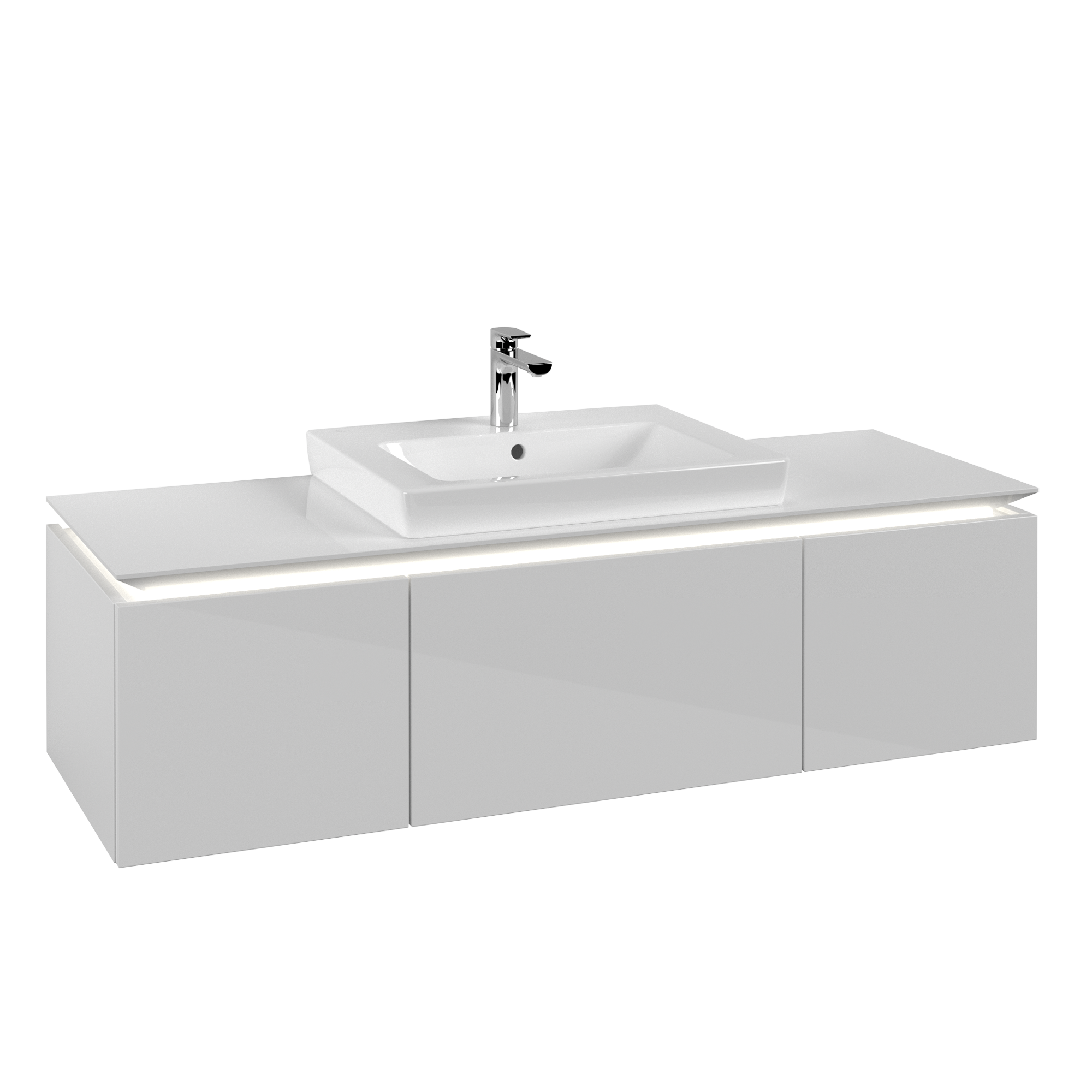 Villeroy & Boch Legato Meuble sous plan, avec éclairage, 3 tiroirs sur rails, 1200x380x500mm, Caisson: Glossy White, Façade: Glossy White