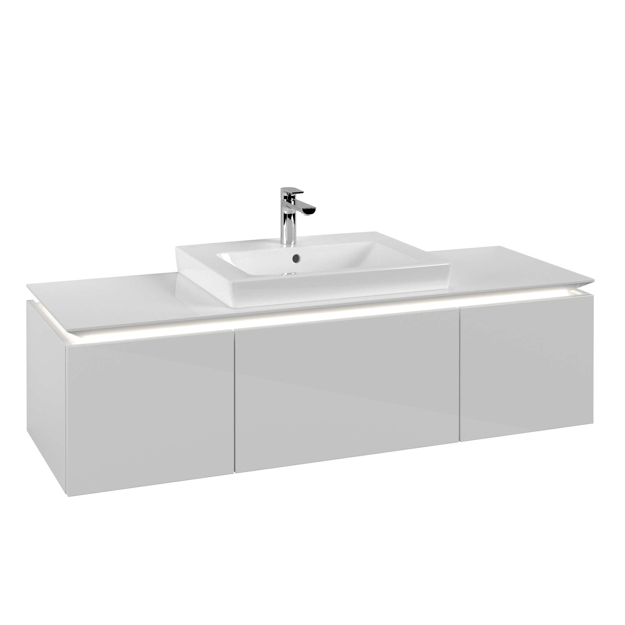 Villeroy & Boch Legato Meuble sous plan, avec éclairage, 3 tiroirs sur rails, 1400x380x500mm, Caisson: Glossy White, Façade: Glossy White