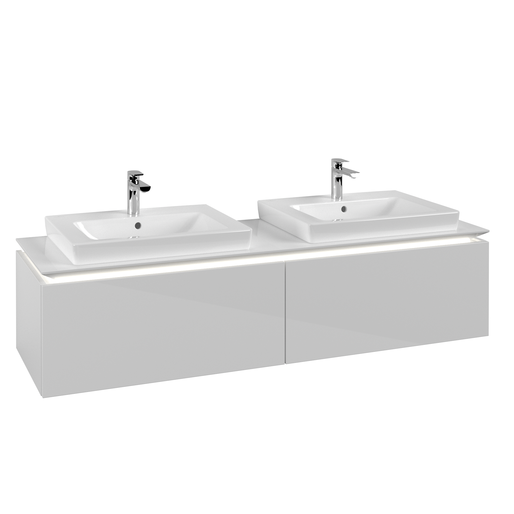 Villeroy & Boch Legato Meuble sous plan, avec éclairage, 2 tiroirs sur rails, 1600x380x500mm, Caisson: Glossy White, Façade: Glossy White