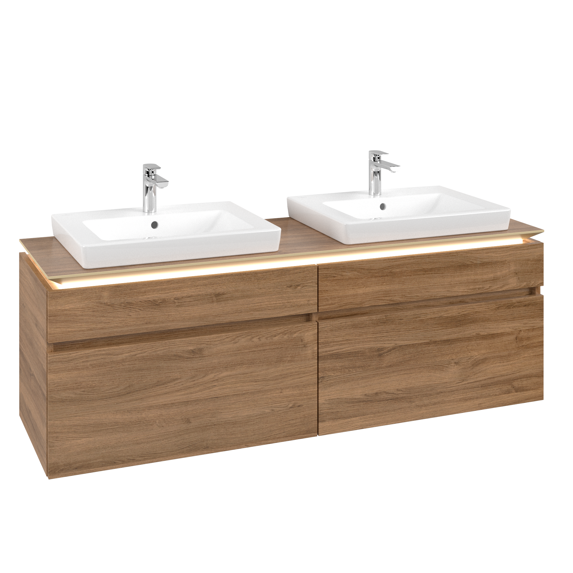 Villeroy & Boch Legato Meuble sous plan, avec éclairage, 4 tiroirs sur rails, 1600x550x500mm, Caisson: Oak Kansas, Façade: Oak Kansas