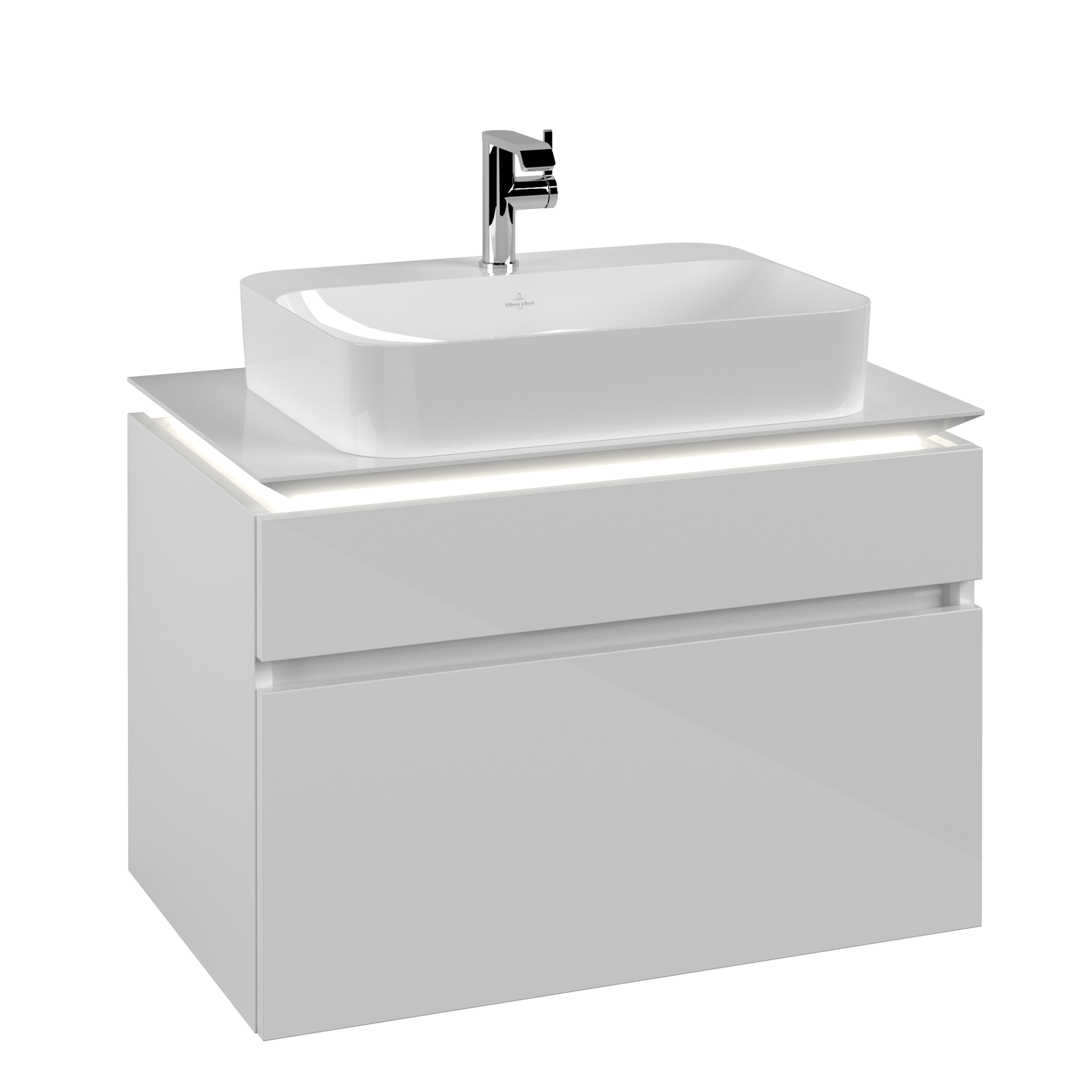 Villeroy & Boch Legato Waschbeckenunterschrank, mit Beleuchtung, 2 Auszüge, 800x550x500mm, Korpus: Glossy White, Front: Glossy White