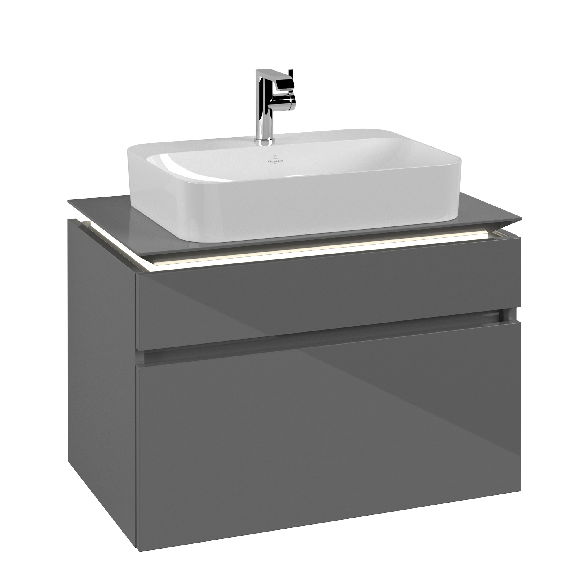 Villeroy & Boch Legato Vanity unit, with lighting, 2 pull-out compartments, 800x550x500mm, Body: Glossy Grey, Front: Glossy Grey