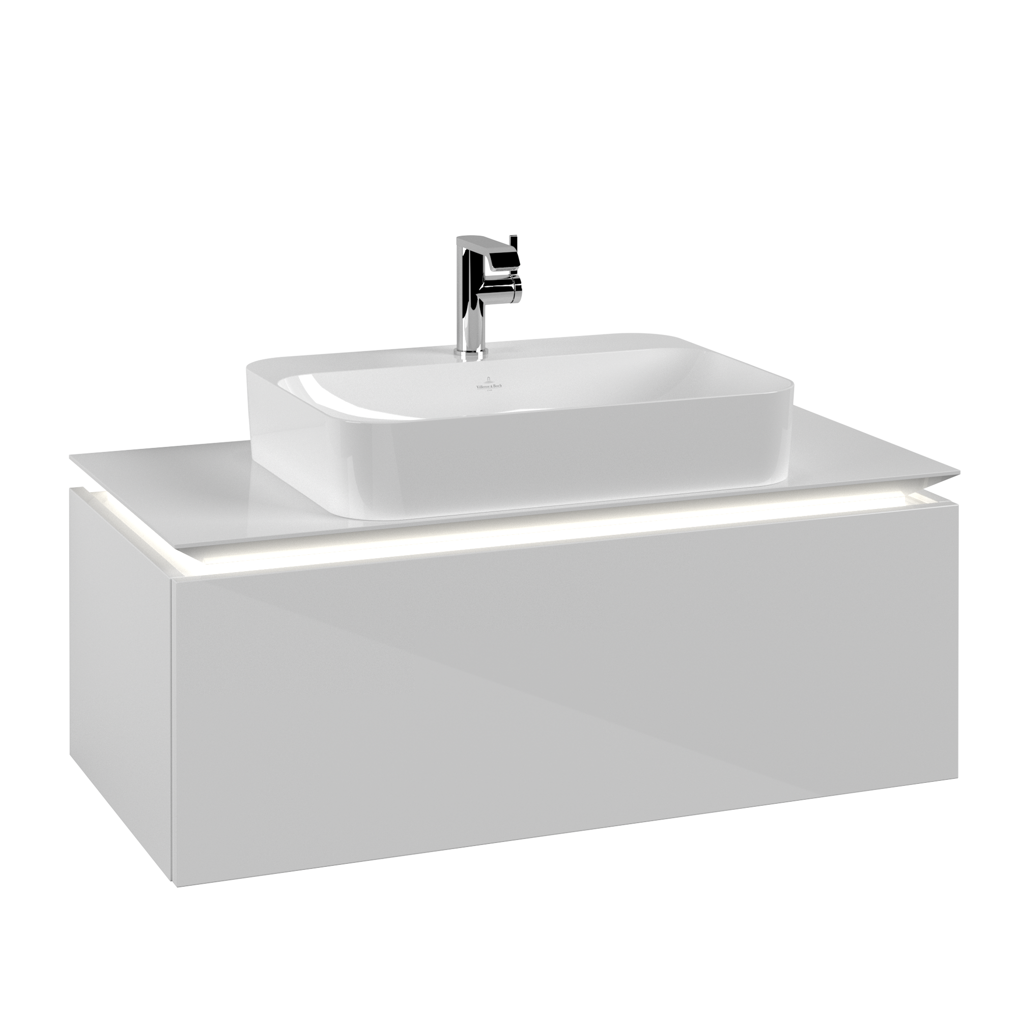 Villeroy & Boch Legato Waschbeckenunterschrank, mit Beleuchtung, 1 Auszug, 1000x380x500mm, Korpus: Glossy White, Front: Glossy White