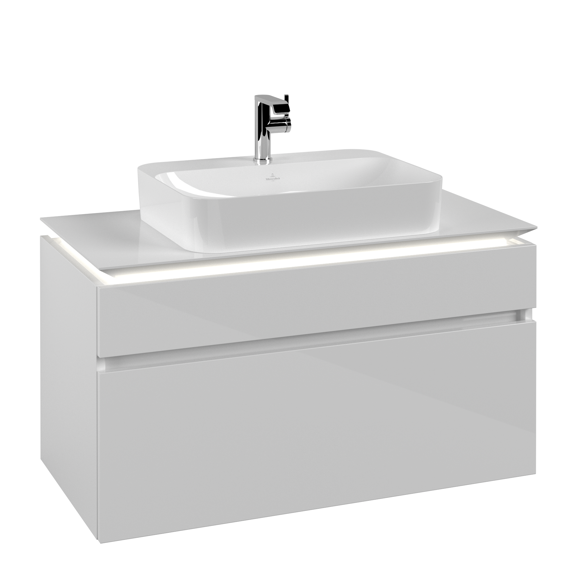 Villeroy & Boch Legato Waschbeckenunterschrank, mit Beleuchtung, 2 Auszüge, 1000x550x500mm, Korpus: Glossy White, Front: Glossy White