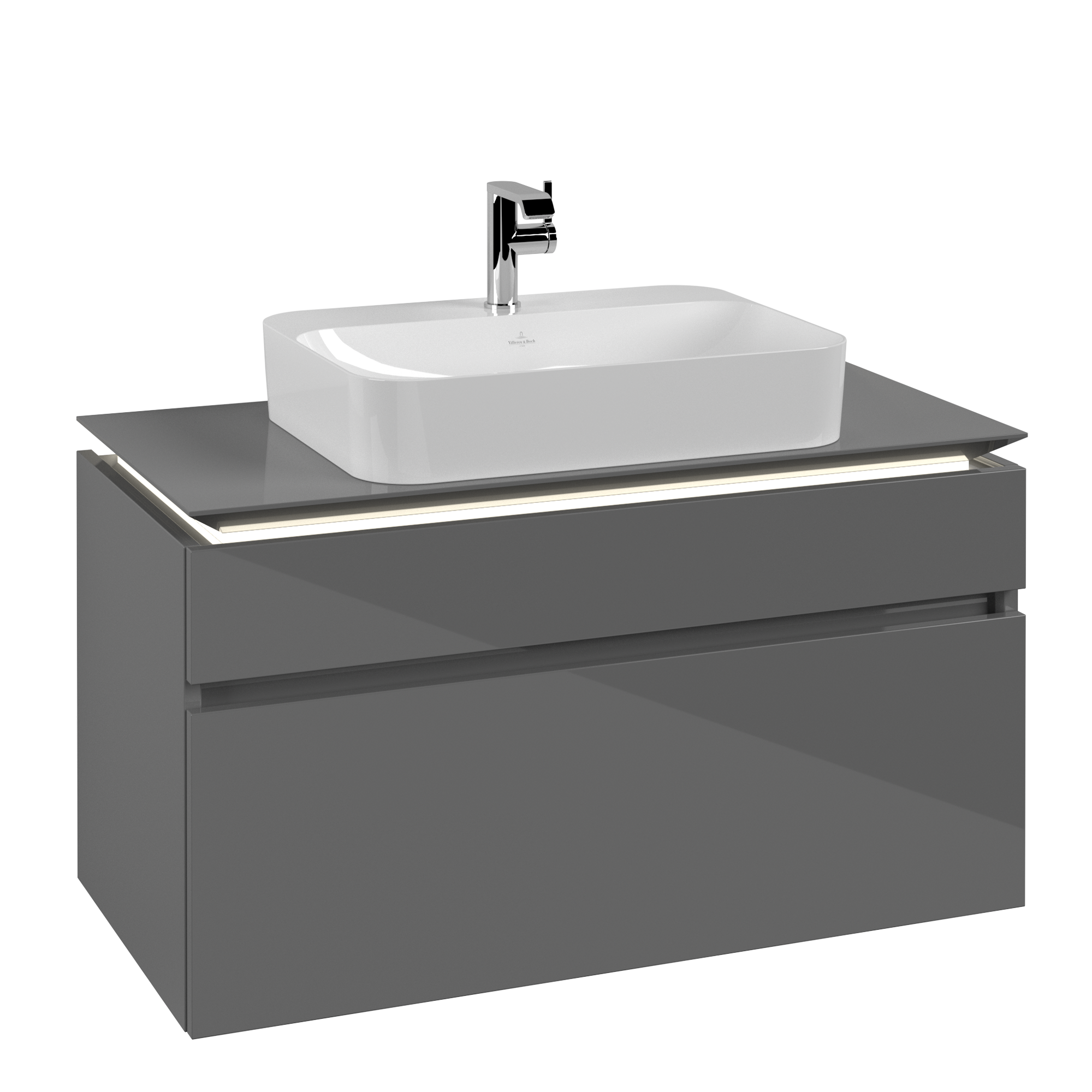 Villeroy & Boch Legato Vanity unit, with lighting, 2 pull-out compartments, 1000x550x500mm, Body: Glossy Grey, Front: Glossy Grey