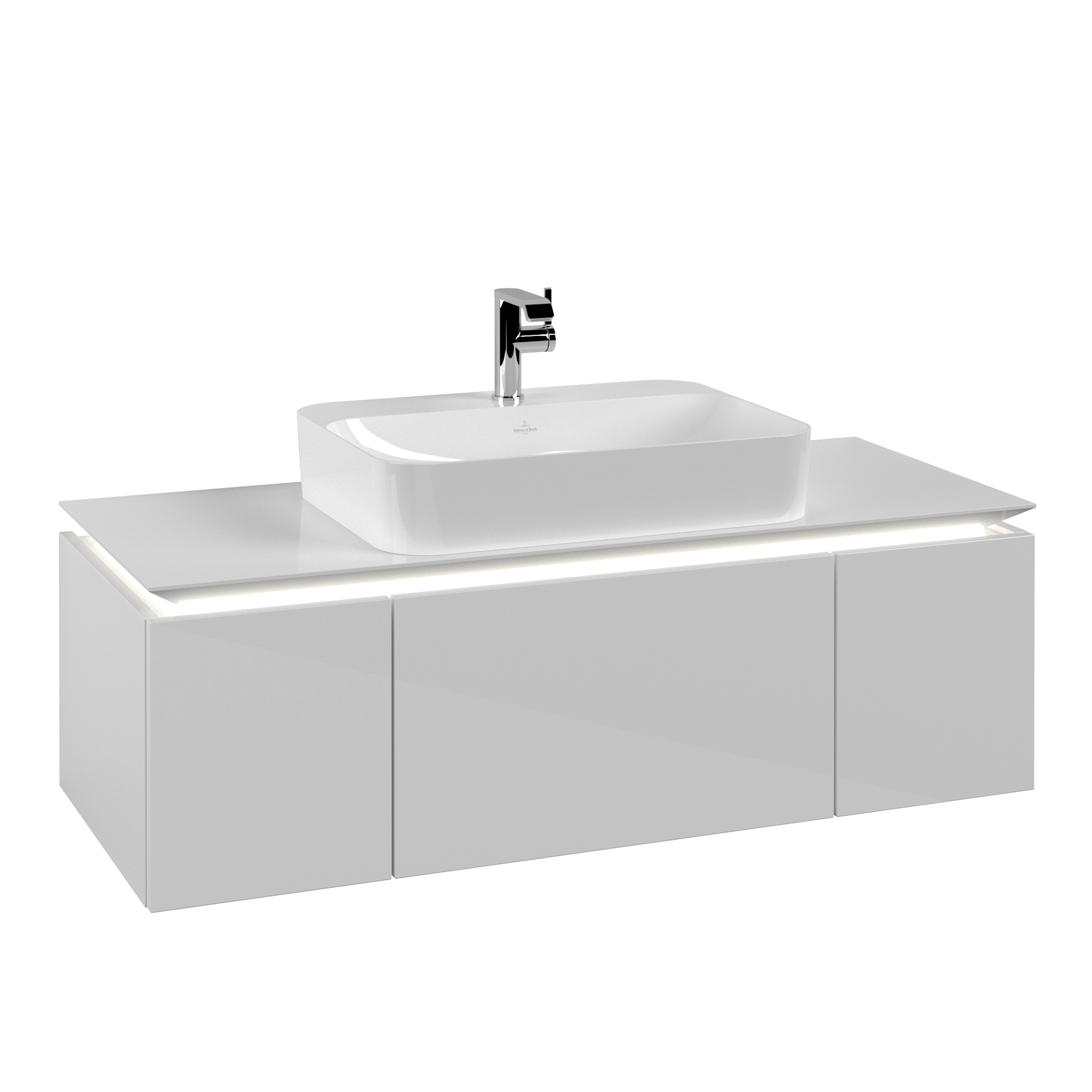 Villeroy & Boch Legato Waschbeckenunterschrank, mit Beleuchtung, 3 Auszüge, 1200x380x500mm, Korpus: Glossy White, Front: Glossy White