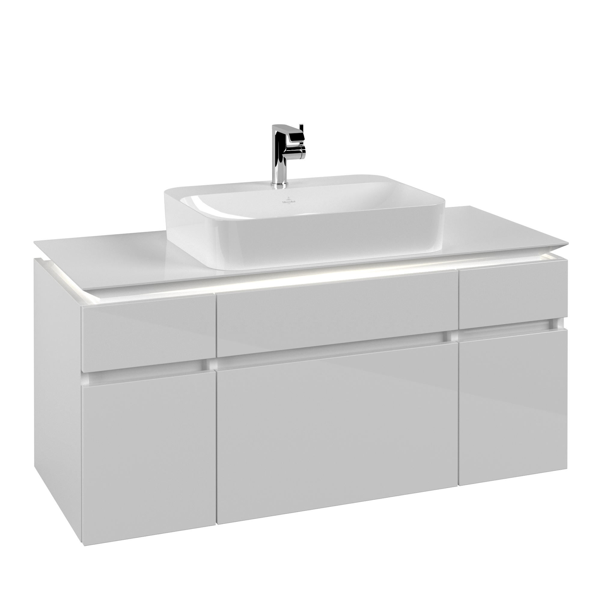 Villeroy & Boch Legato Waschbeckenunterschrank, mit Beleuchtung, 5 Auszüge, 1200x550x500mm, Korpus: Glossy White, Front: Glossy White