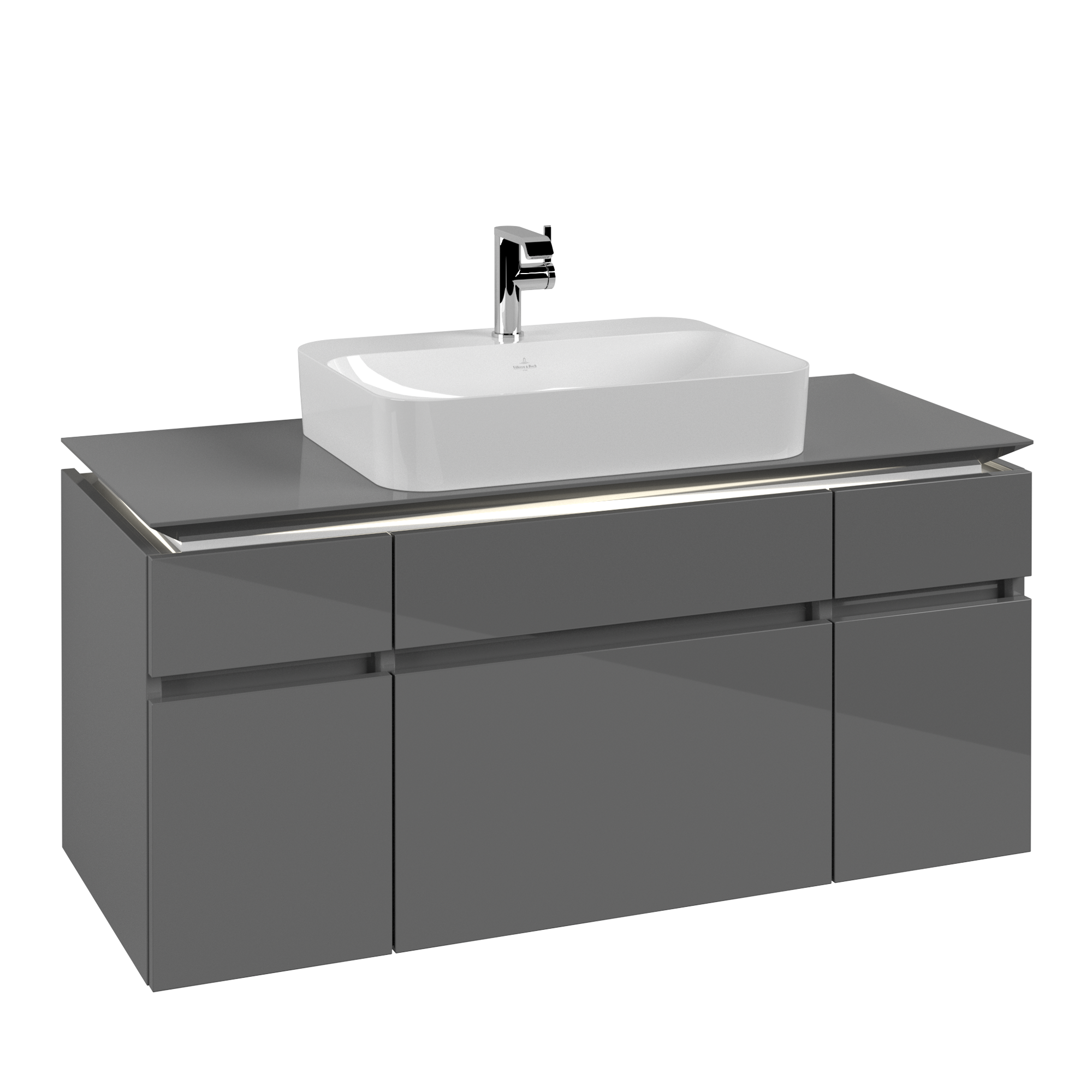 Villeroy & Boch Legato Vanity unit, with lighting, 5 pull-out compartments, 1200x550x500mm, Body: Glossy Grey, Front: Glossy Grey