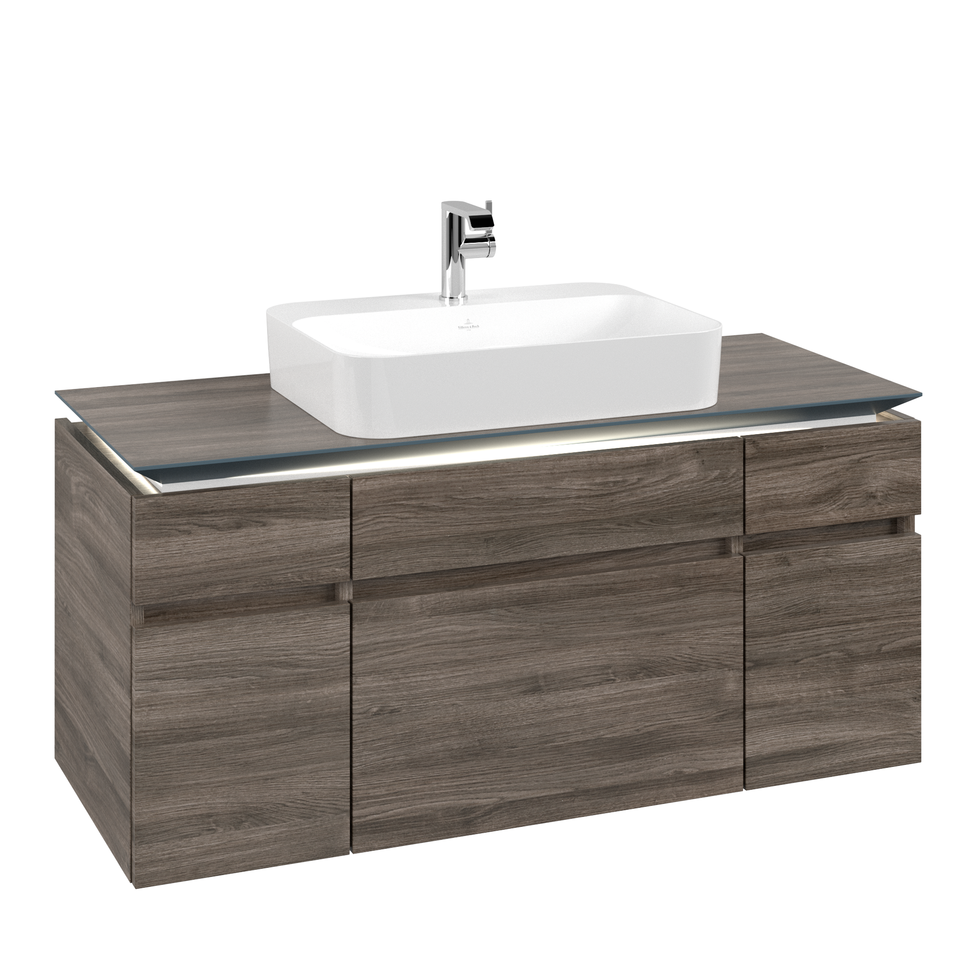 Villeroy & Boch Legato Waschbeckenunterschrank, mit Beleuchtung, 5 Auszüge, 1200x550x500mm, Korpus: Stone Oak, Front: Stone Oak