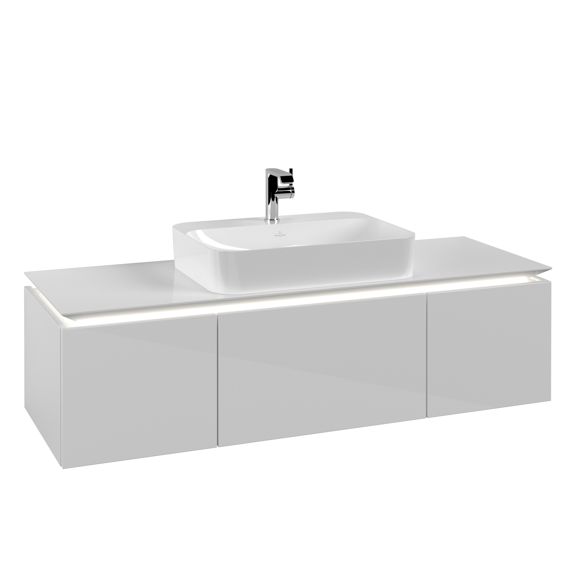 Villeroy & Boch Legato Waschbeckenunterschrank, mit Beleuchtung, 3 Auszüge, 1400x380x500mm, Korpus: Glossy White, Front: Glossy White