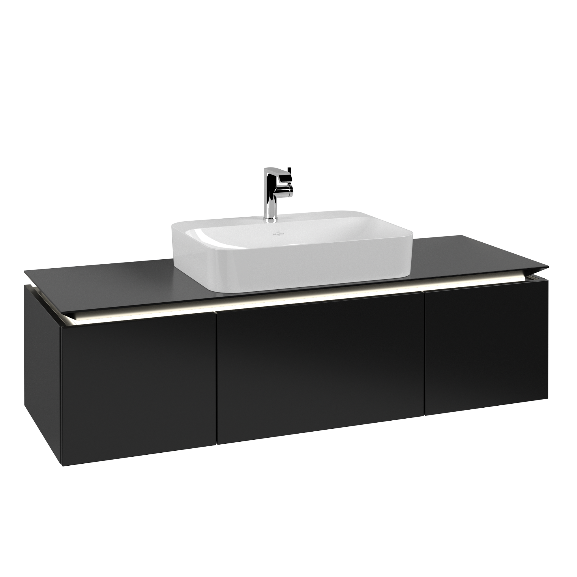 Villeroy & Boch Legato Waschbeckenunterschrank, mit Beleuchtung, 3 Auszüge, 1400x380x500mm, Korpus: Black Matt Lacquer, Front: Black Matt Lacquer