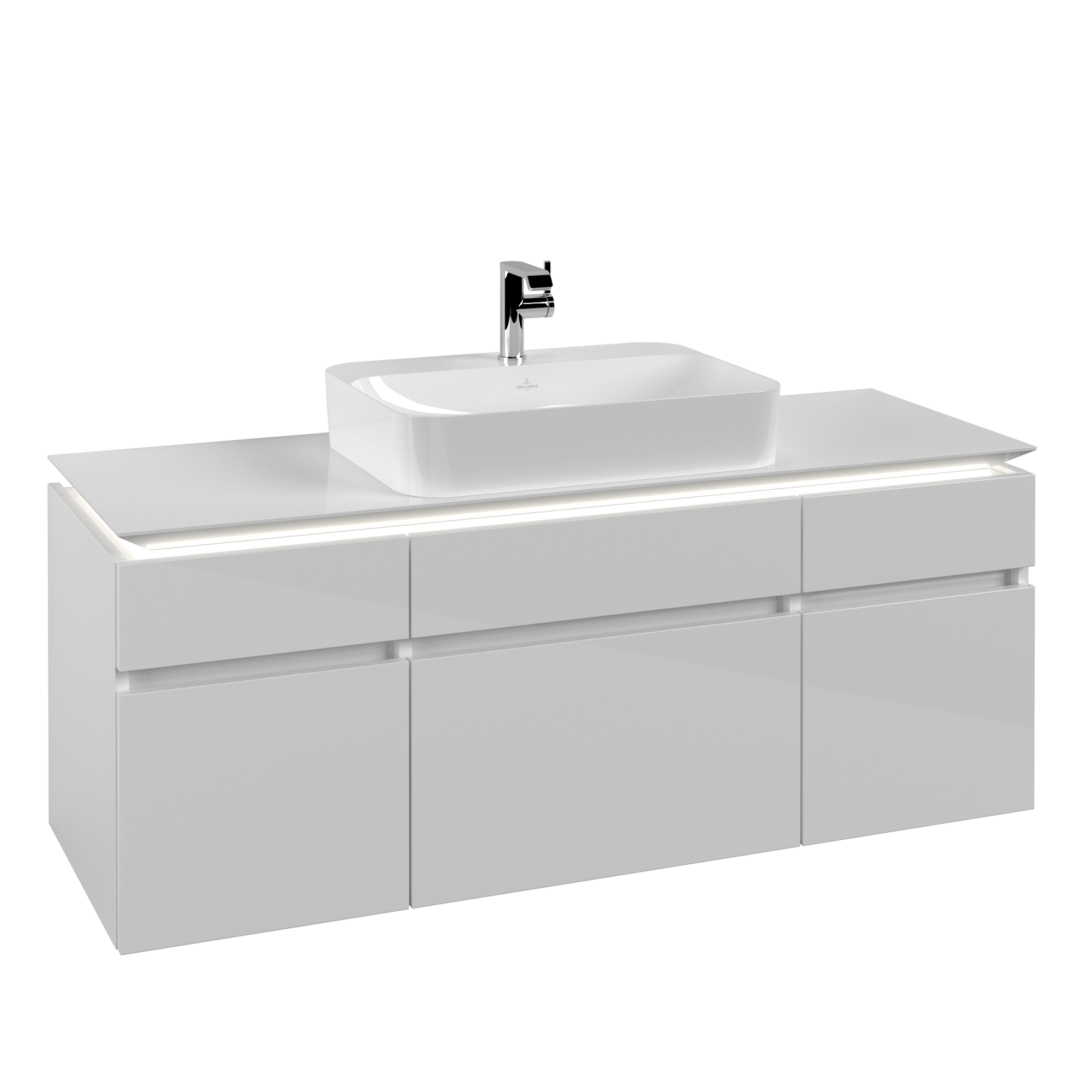 Villeroy & Boch Legato Waschbeckenunterschrank, mit Beleuchtung, 5 Auszüge, 1400x550x500mm, Korpus: Glossy White, Front: Glossy White