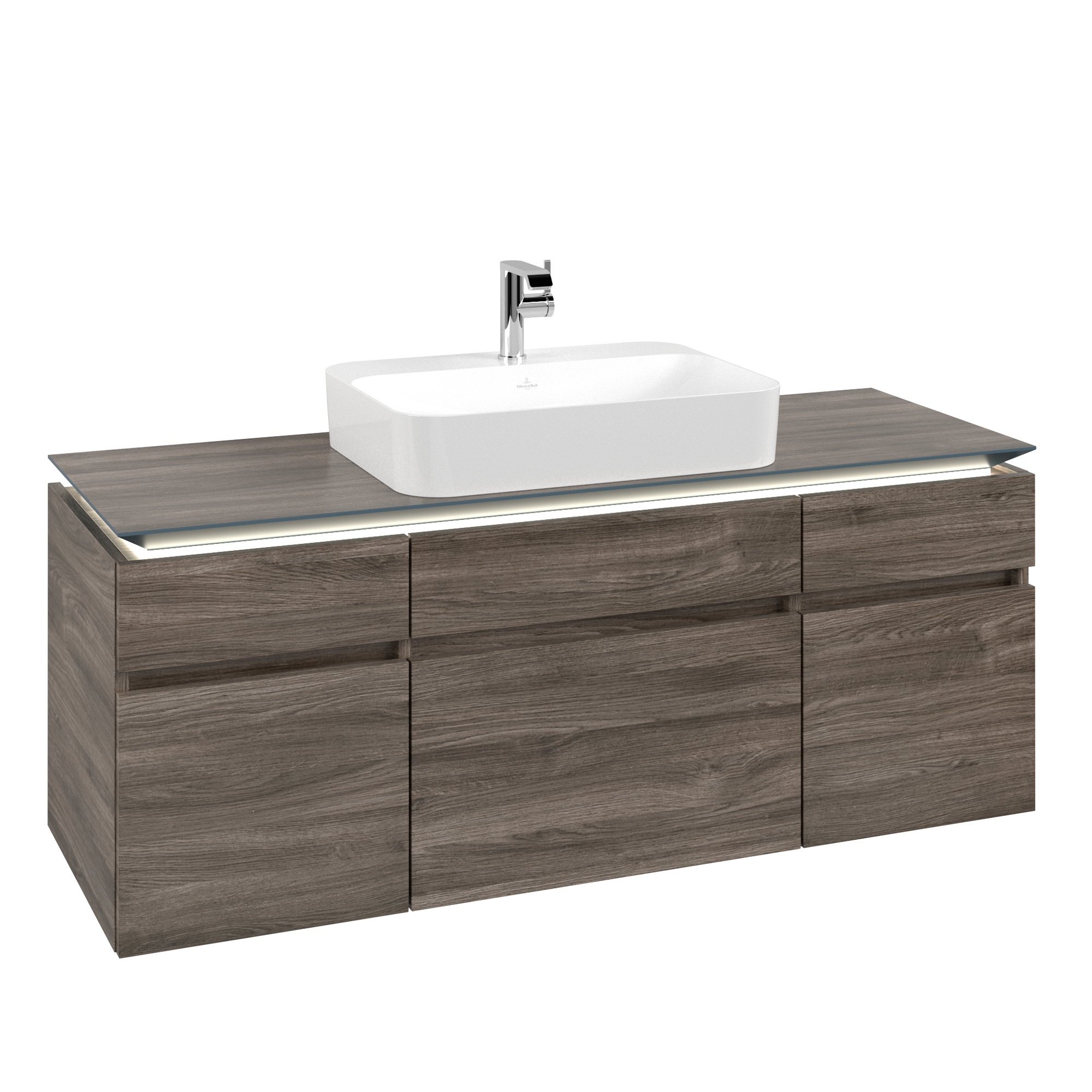 Villeroy & Boch Legato Waschbeckenunterschrank, mit Beleuchtung, 5 Auszüge, 1400x550x500mm, Korpus: Stone Oak, Front: Stone Oak