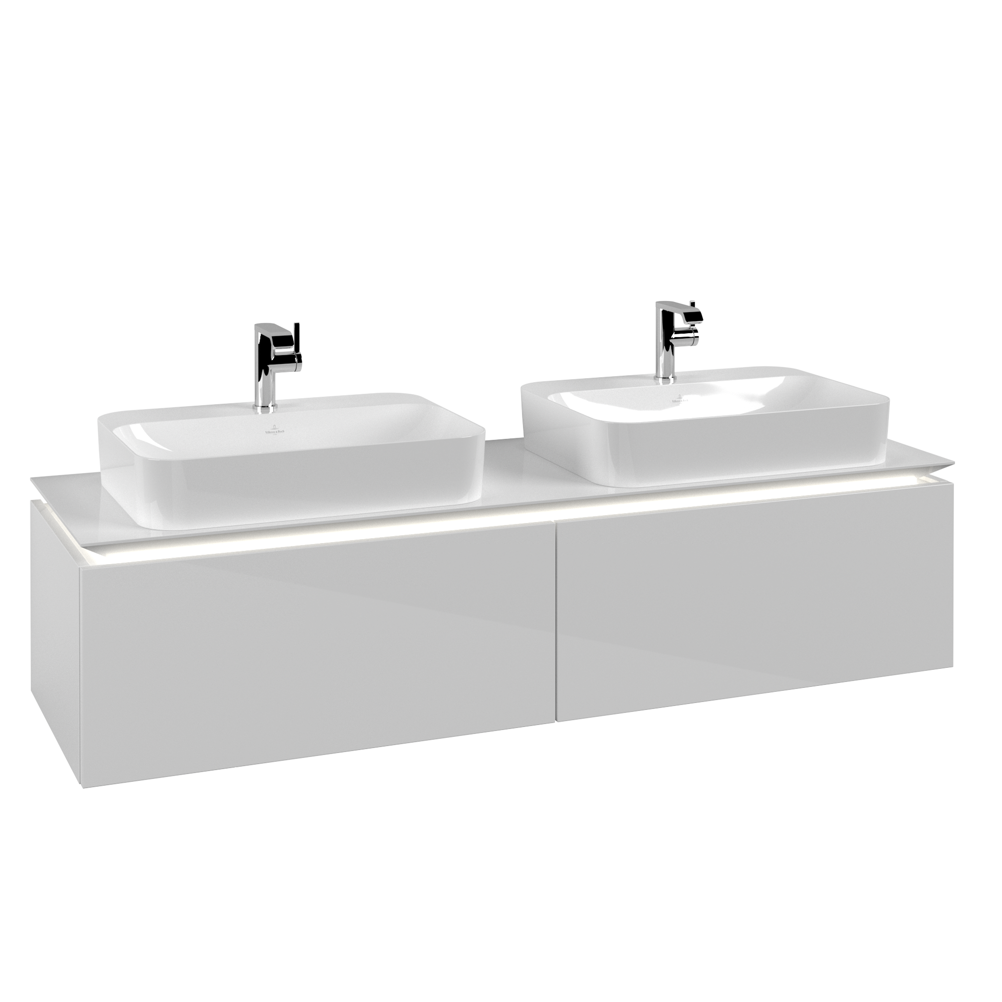 Villeroy & Boch Legato Waschbeckenunterschrank, mit Beleuchtung, 2 Auszüge, 1600x380x500mm, Korpus: Glossy White, Front: Glossy White