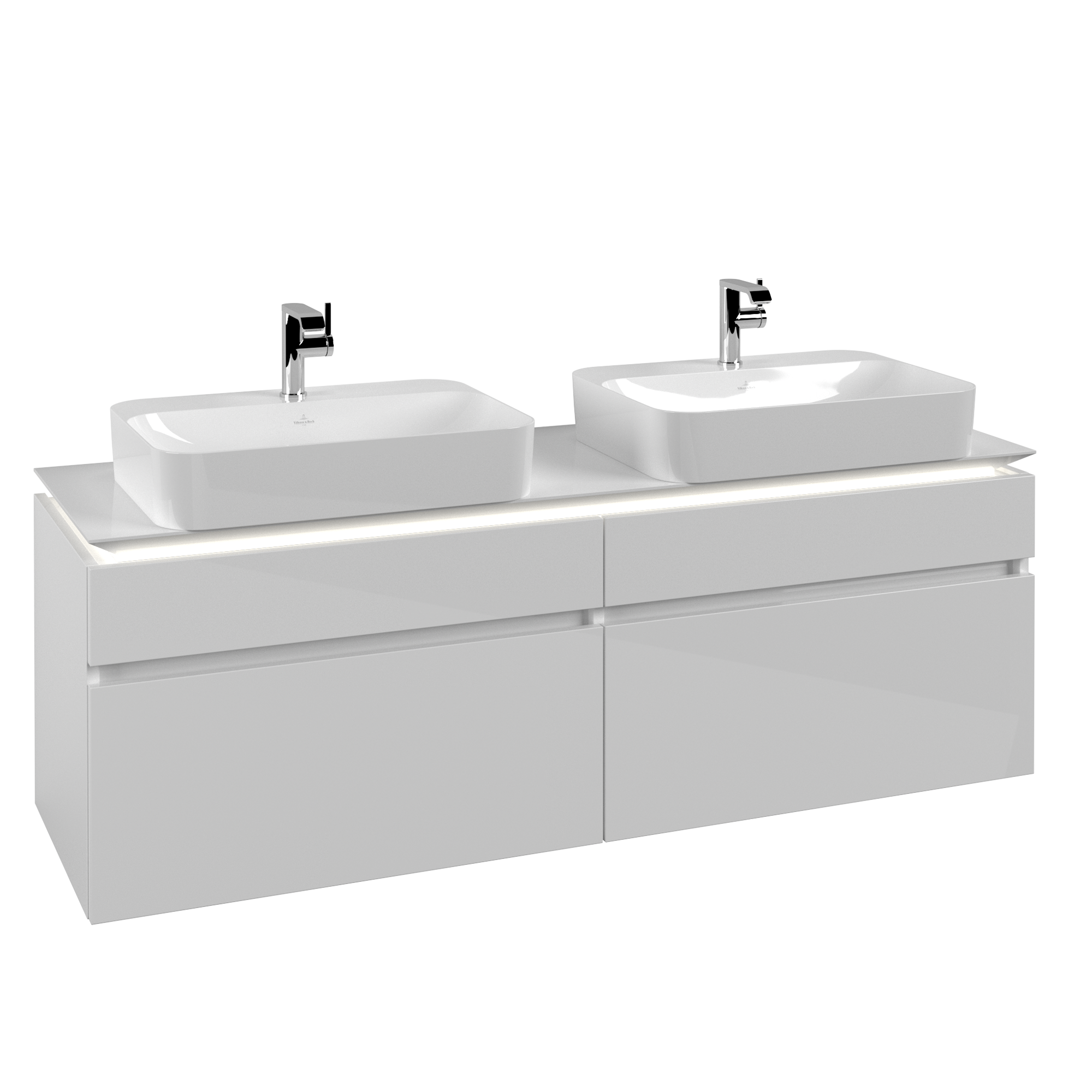 Villeroy & Boch Legato Waschbeckenunterschrank, mit Beleuchtung, 4 Auszüge, 1600x550x500mm, Korpus: Glossy White, Front: Glossy White