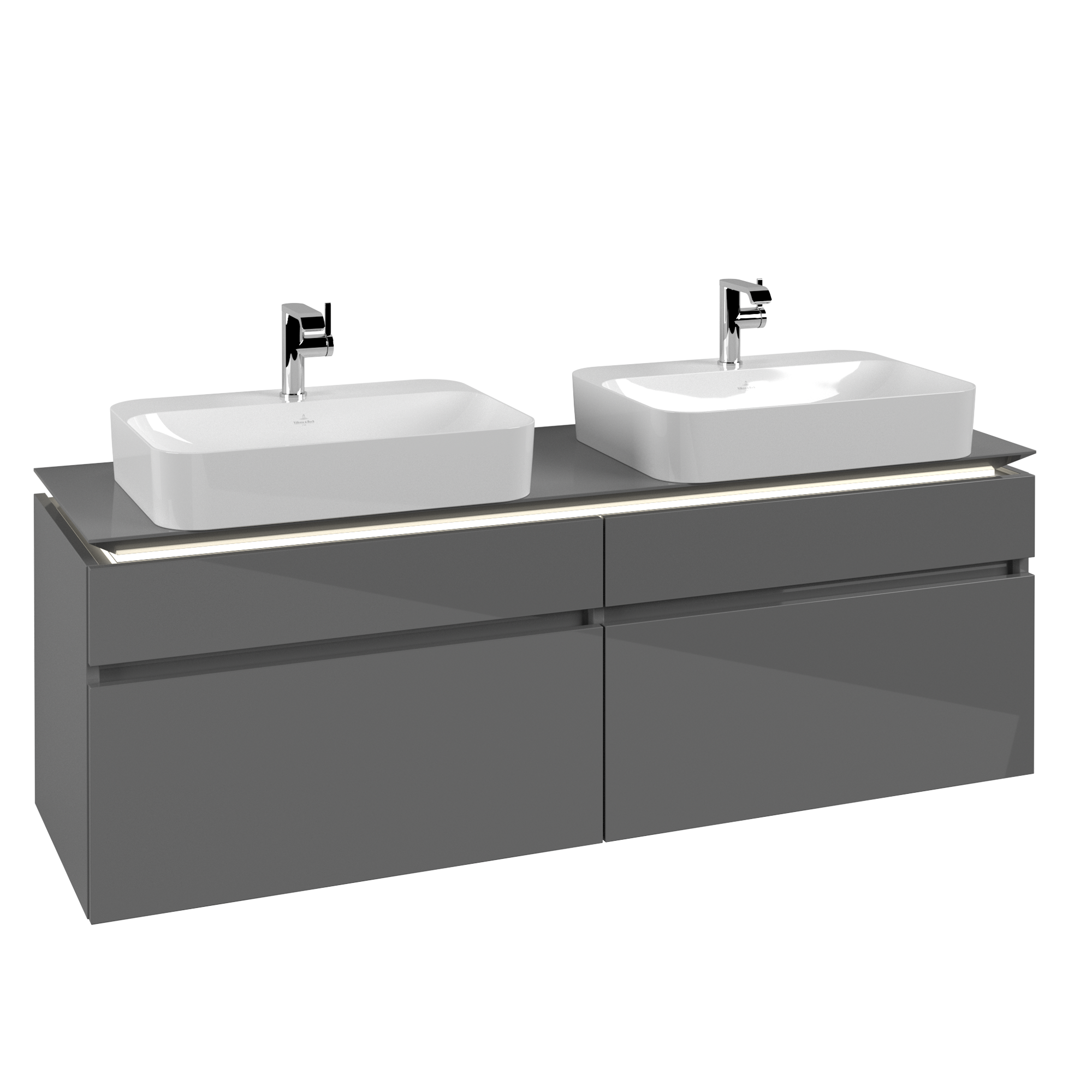 Villeroy & Boch Legato Vanity unit, with lighting, 4 pull-out compartments, 1600x550x500mm, Body: Glossy Grey, Front: Glossy Grey