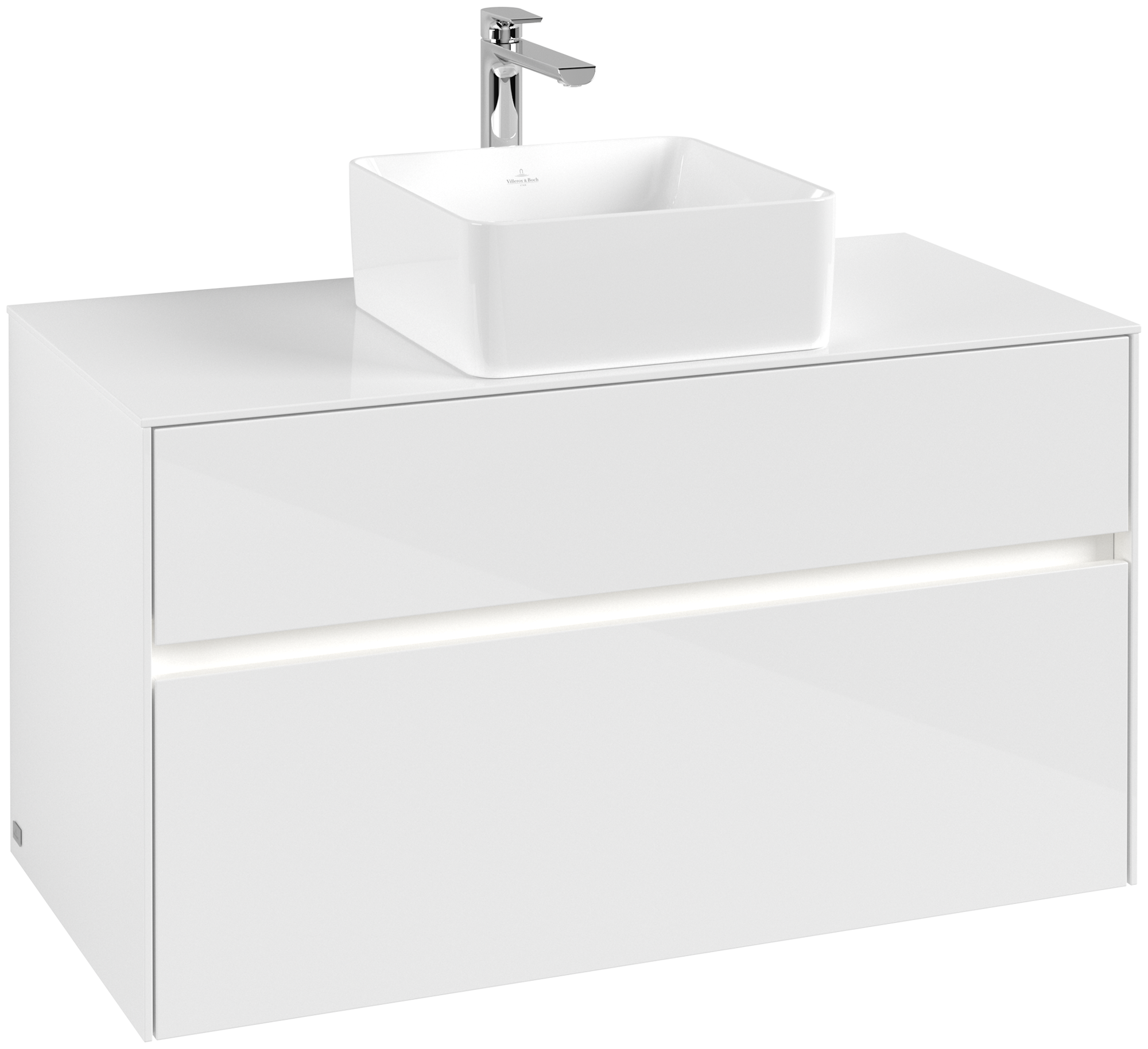 Villeroy & Boch Collaro Waschbeckenunterschrank, mit Beleuchtung, 2 Auszüge, 1000x548x500mm, Korpus: Glossy White, Front: Glossy White