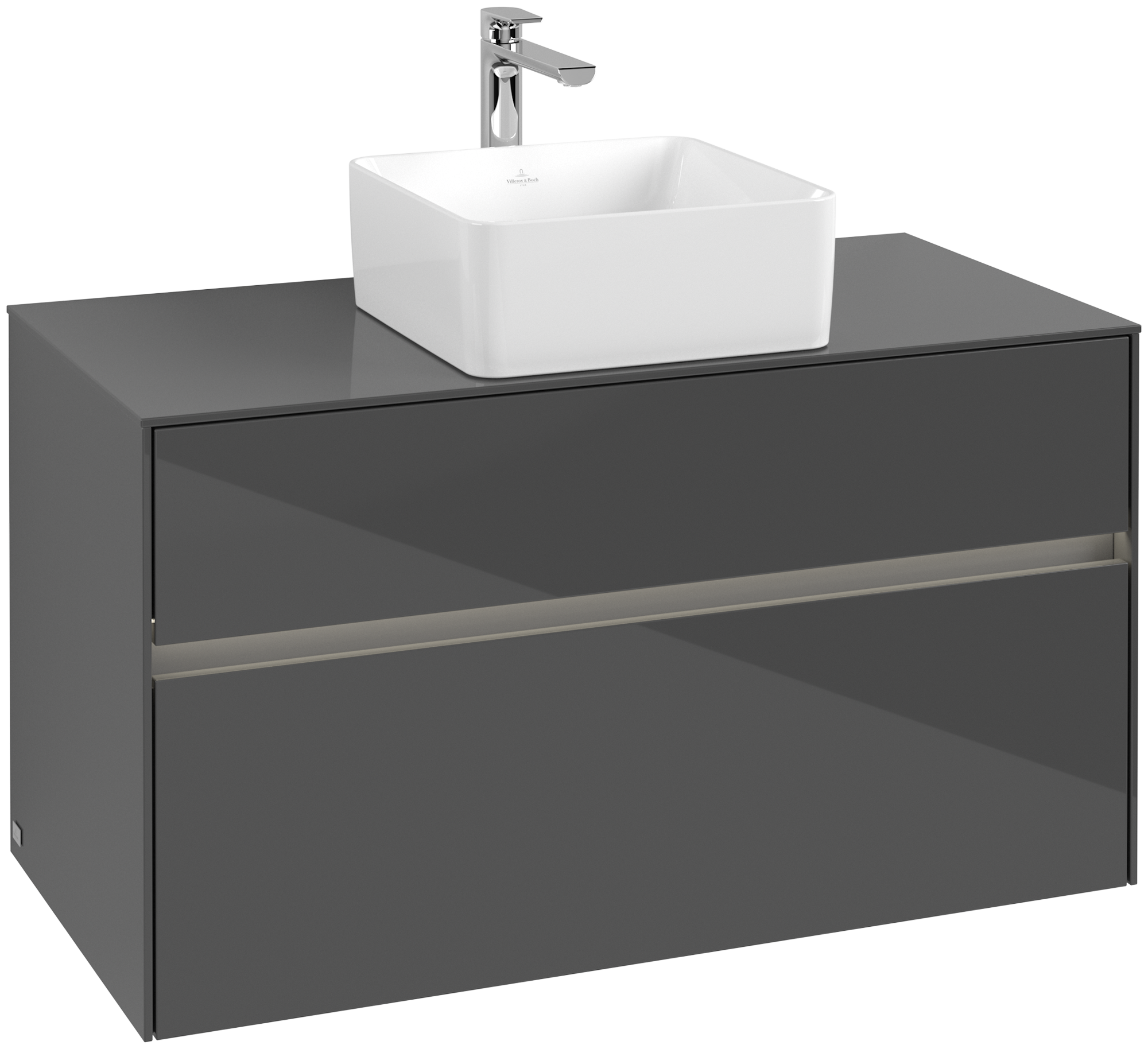 Villeroy & Boch Collaro Waschbeckenunterschrank, mit Beleuchtung, 2 Auszüge, 1000x548x500mm, Korpus: Glossy Grey, Front: Glossy Grey