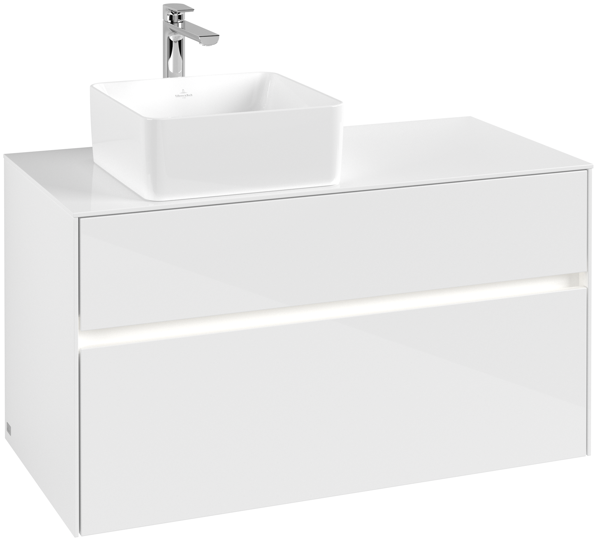 Villeroy & Boch Collaro Waschbeckenunterschrank, mit Beleuchtung, 2 Auszüge, 1000x548x500mm, Korpus: Glossy White, Front: Glossy White