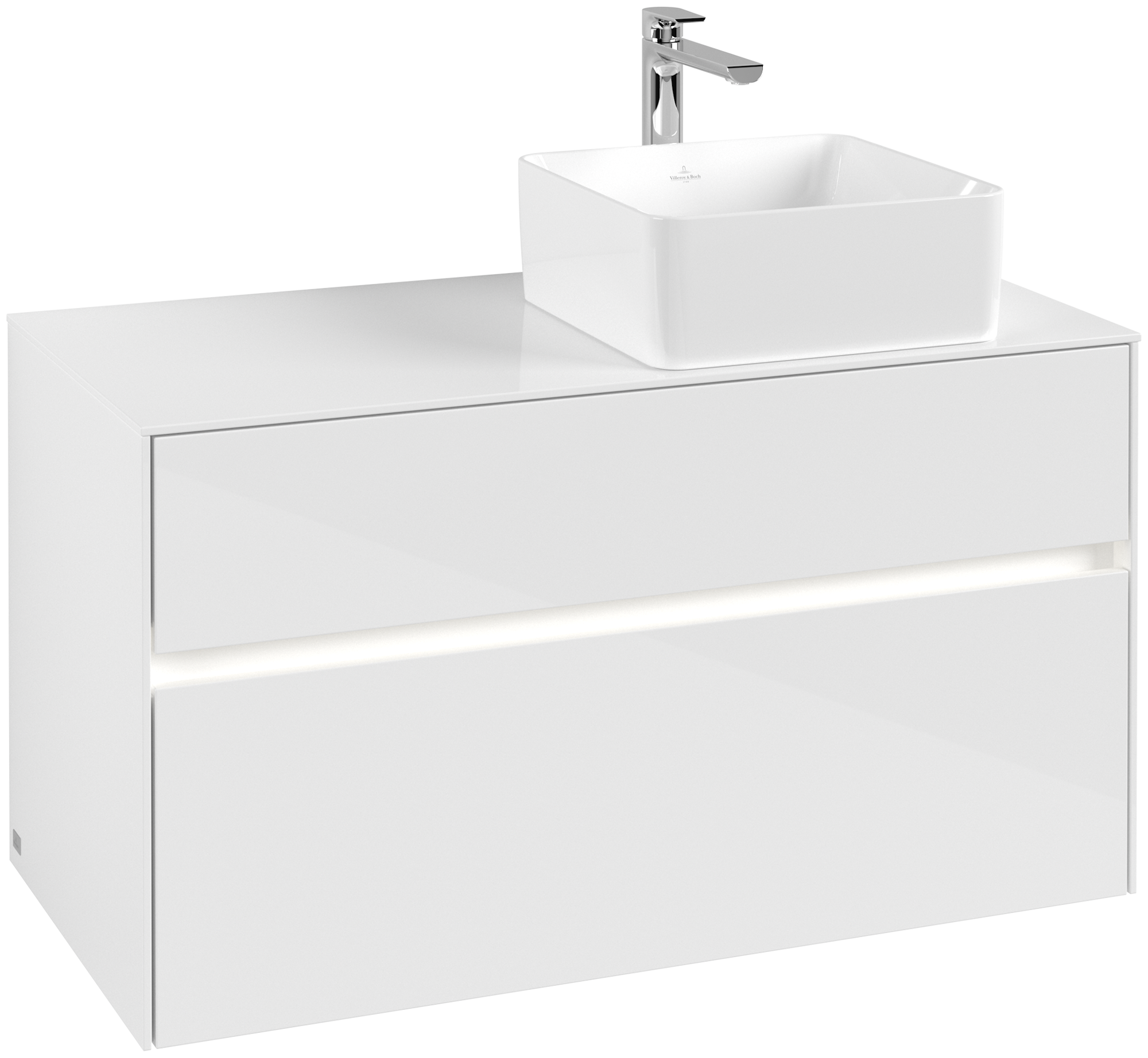 Villeroy & Boch Collaro Waschbeckenunterschrank, mit Beleuchtung, 2 Auszüge, 1000x548x500mm, Korpus: Glossy White, Front: Glossy White