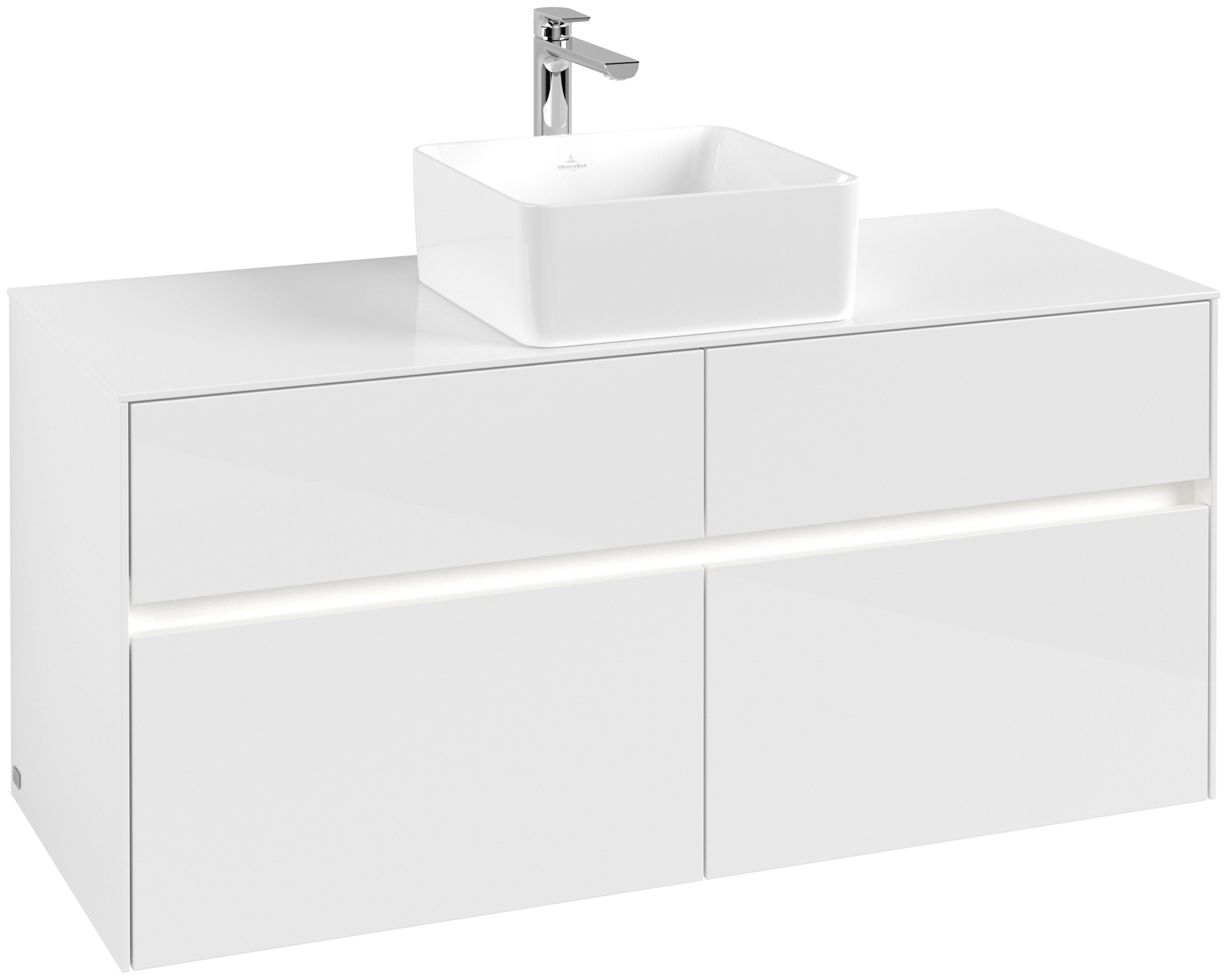 Villeroy & Boch Collaro Waschbeckenunterschrank, mit Beleuchtung, 4 Auszüge, 1200x548x500mm, Korpus: Glossy White, Front: Glossy White