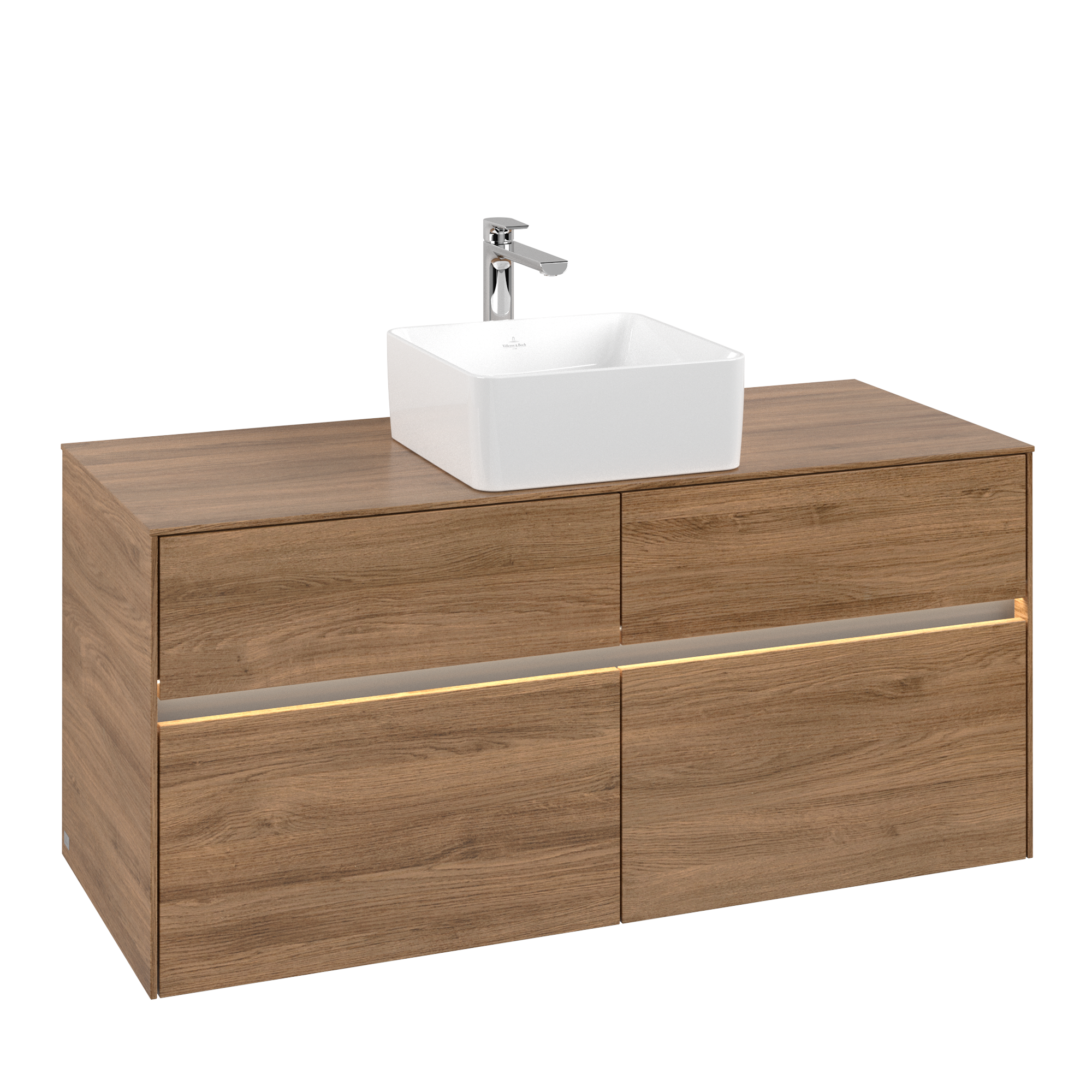 Villeroy & Boch Collaro Waschbeckenunterschrank, mit Beleuchtung, 4 Auszüge, 1200x548x500mm, Korpus: Kansas Oak, Front: Kansas Oak