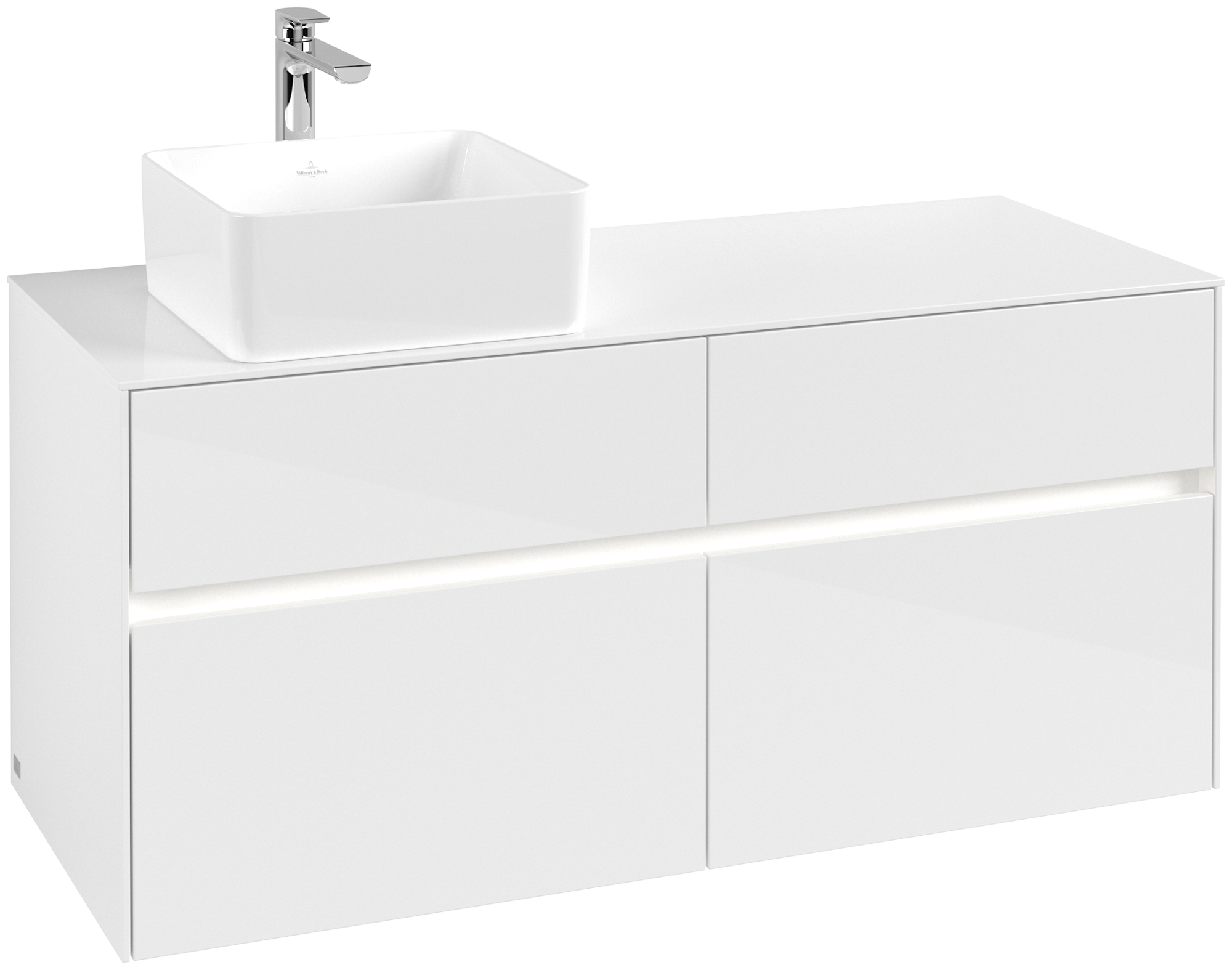 Villeroy & Boch Collaro Waschbeckenunterschrank, mit Beleuchtung, 4 Auszüge, 1200x548x500mm, Korpus: Glossy White, Front: Glossy White