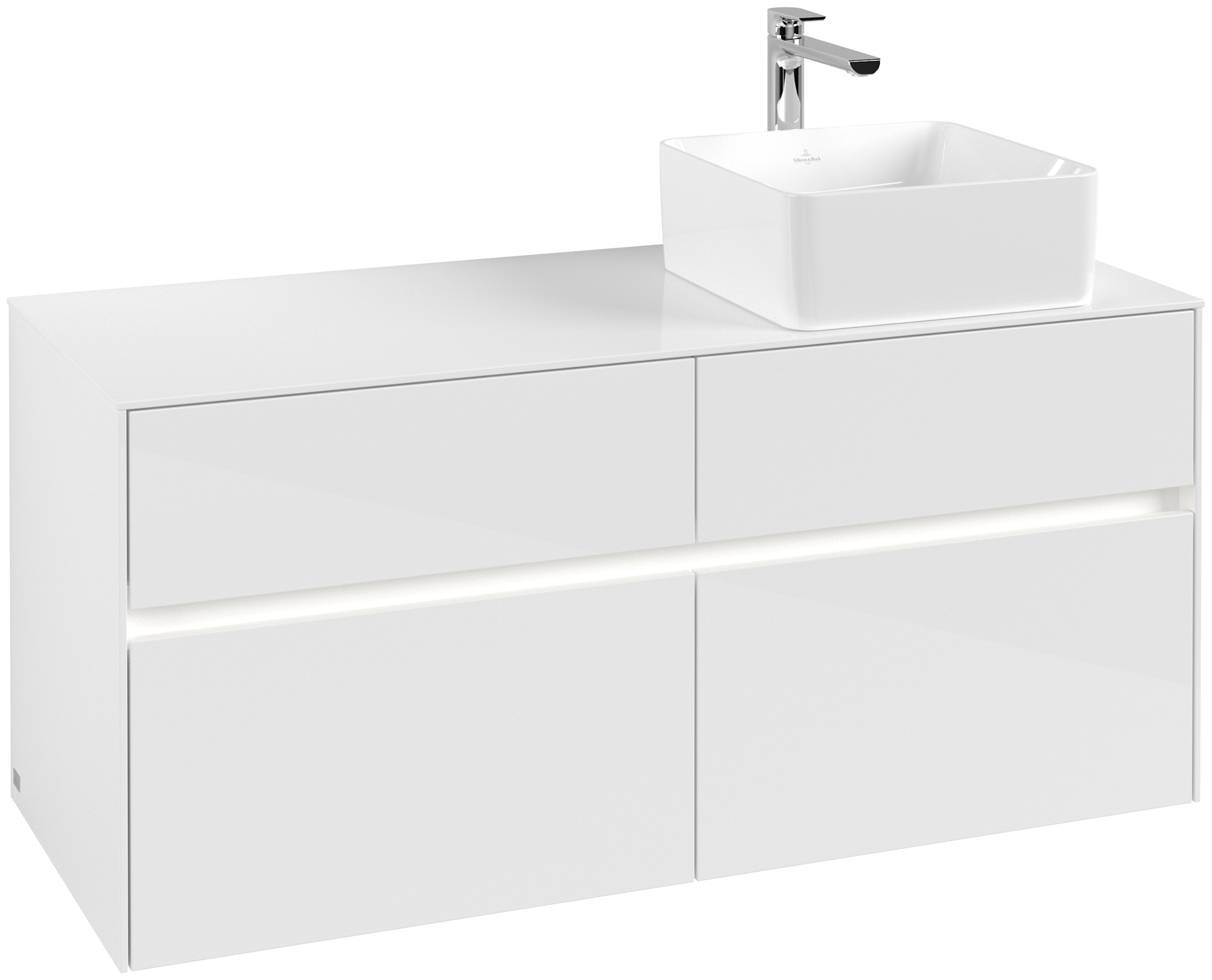 Villeroy & Boch Collaro Waschbeckenunterschrank, mit Beleuchtung, 4 Auszüge, 1200x548x500mm, Korpus: Glossy White, Front: Glossy White