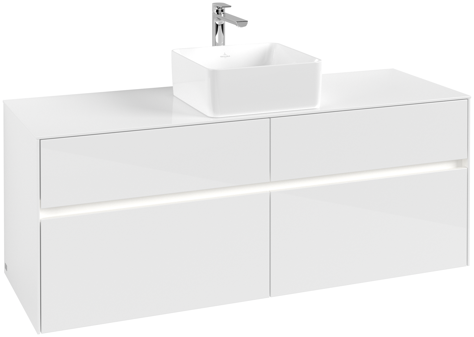 Villeroy & Boch Collaro Waschbeckenunterschrank, mit Beleuchtung, 4 Auszüge, 1400x548x500mm, Korpus: Glossy White, Front: Glossy White