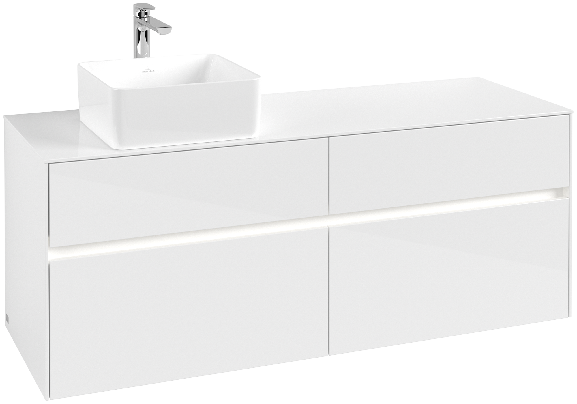 Villeroy & Boch Collaro Waschbeckenunterschrank, mit Beleuchtung, 4 Auszüge, 1400x548x500mm, Korpus: Glossy White, Front: Glossy White