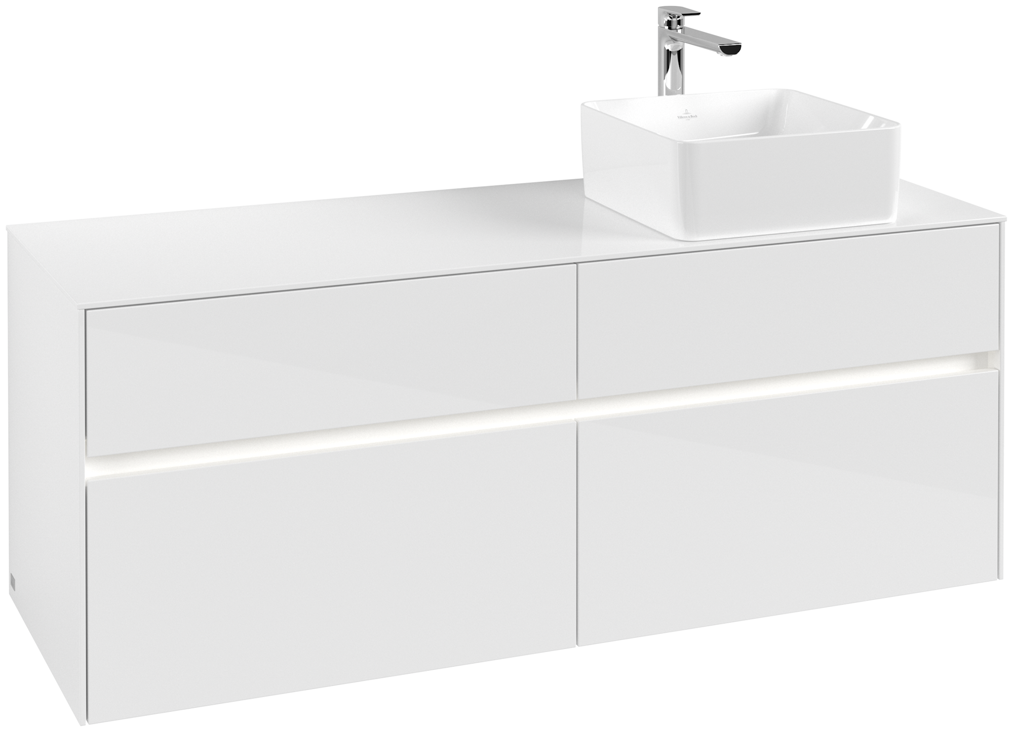 Villeroy & Boch Collaro Waschbeckenunterschrank, mit Beleuchtung, 4 Auszüge, 1400x548x500mm, Korpus: Glossy White, Front: Glossy White