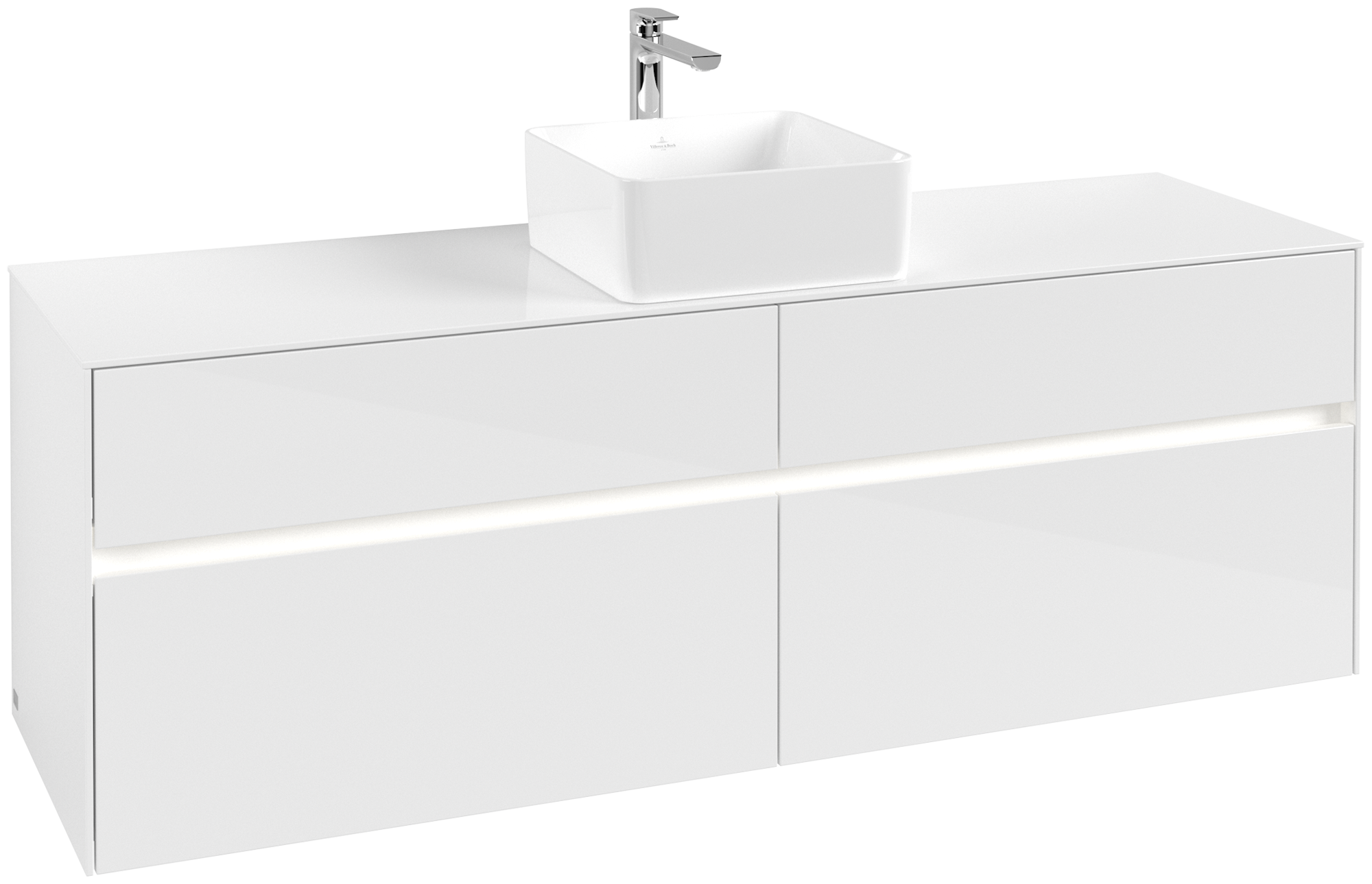 Villeroy & Boch Collaro Waschbeckenunterschrank, mit Beleuchtung, 4 Auszüge, 1600x548x500mm, Korpus: Glossy White, Front: Glossy White