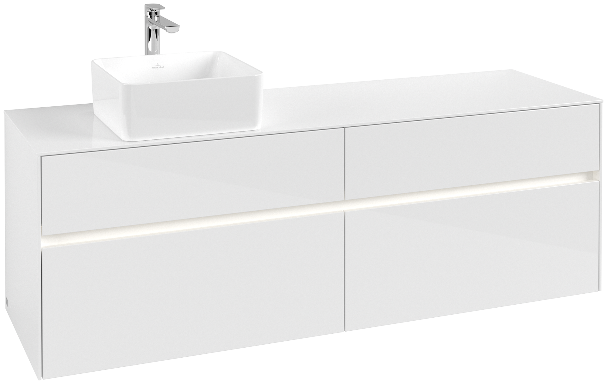 Villeroy & Boch Collaro Waschbeckenunterschrank, mit Beleuchtung, 4 Auszüge, 1600x548x500mm, Korpus: Glossy White, Front: Glossy White