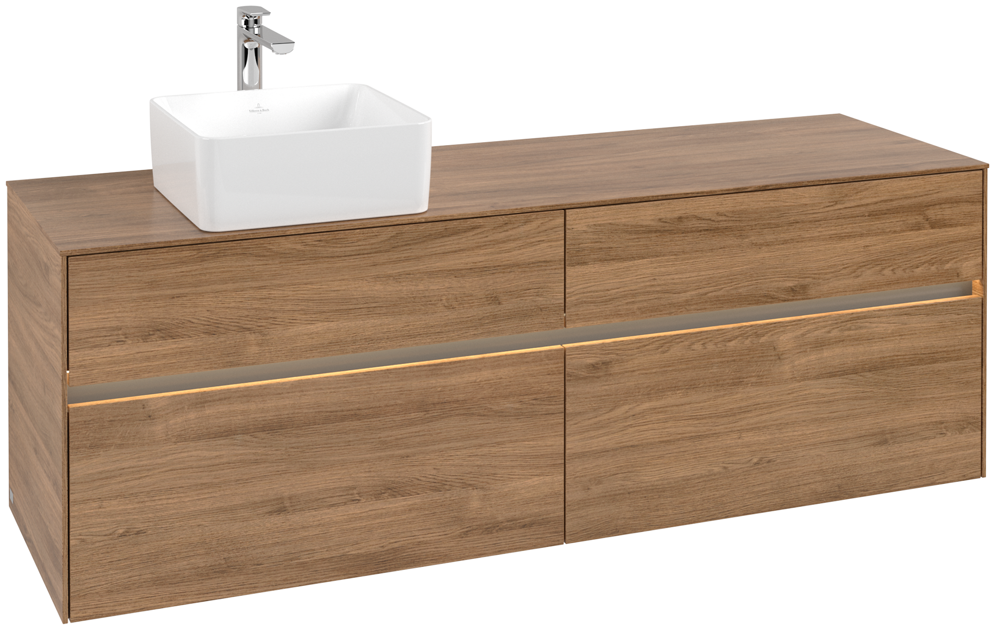 Villeroy & Boch Collaro Waschbeckenunterschrank, mit Beleuchtung, 4 Auszüge, 1600x548x500mm, Korpus: Kansas Oak, Front: Kansas Oak