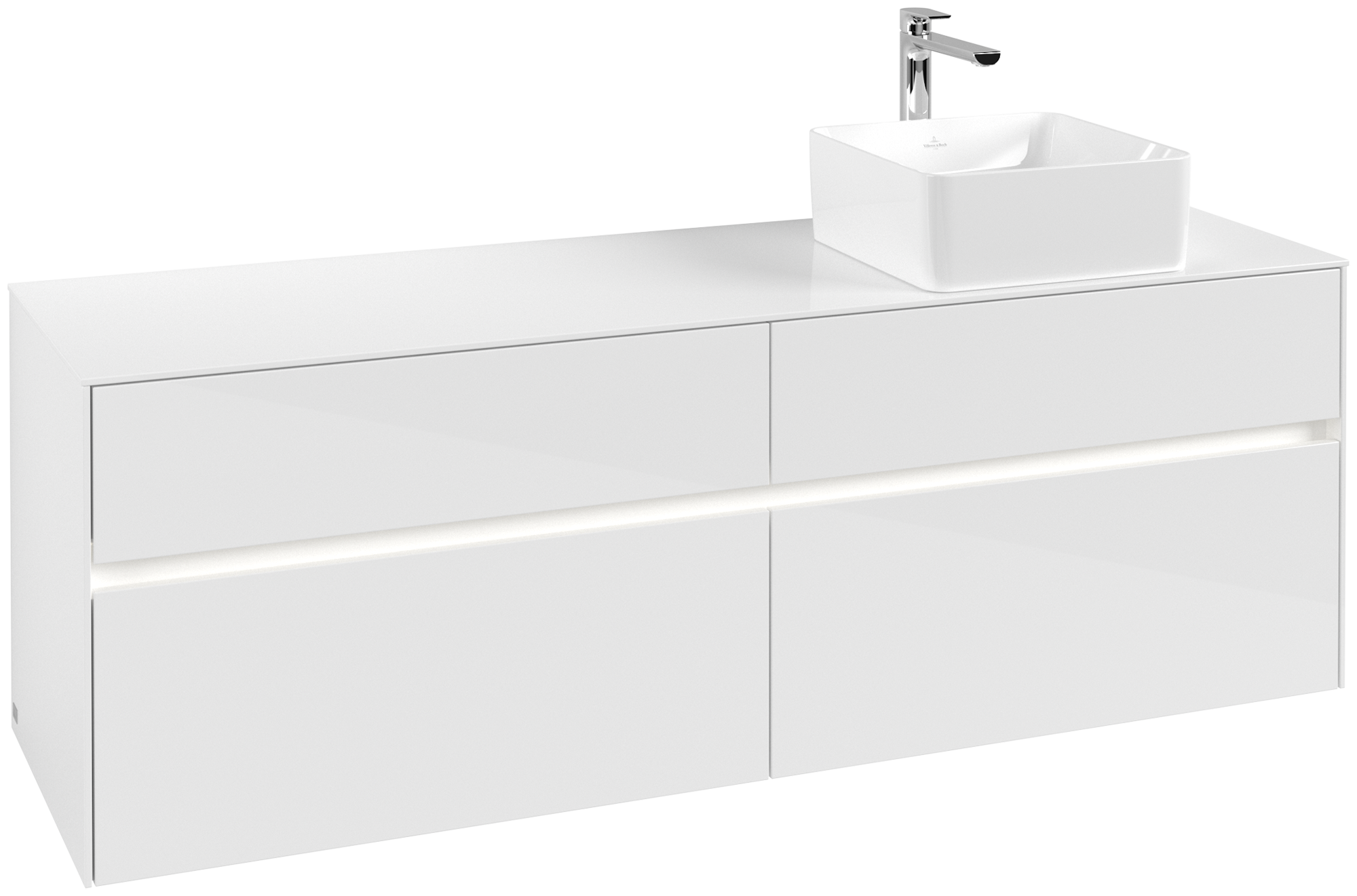 Villeroy & Boch Collaro Waschbeckenunterschrank, mit Beleuchtung, 4 Auszüge, 1600x548x500mm, Korpus: Glossy White, Front: Glossy White