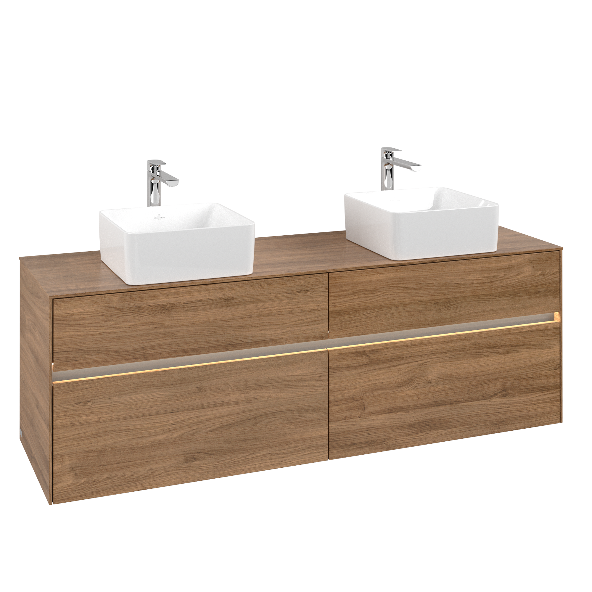 Villeroy & Boch Collaro Waschbeckenunterschrank, mit Beleuchtung, 4 Auszüge, 1600x548x500mm, Korpus: Kansas Oak, Front: Kansas Oak