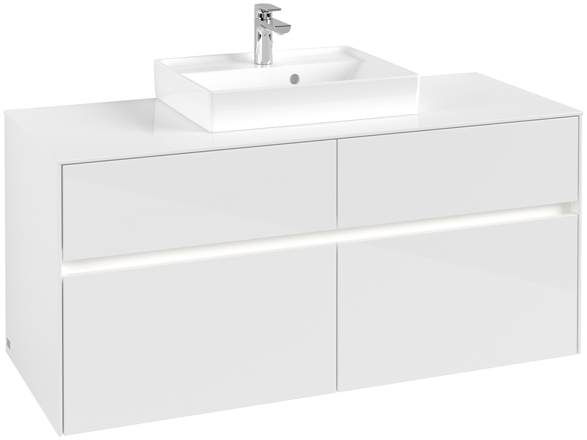 Villeroy & Boch Collaro Waschbeckenunterschrank, mit Beleuchtung, 4 Auszüge, 1200x548x500mm, Korpus: Glossy White, Front: Glossy White