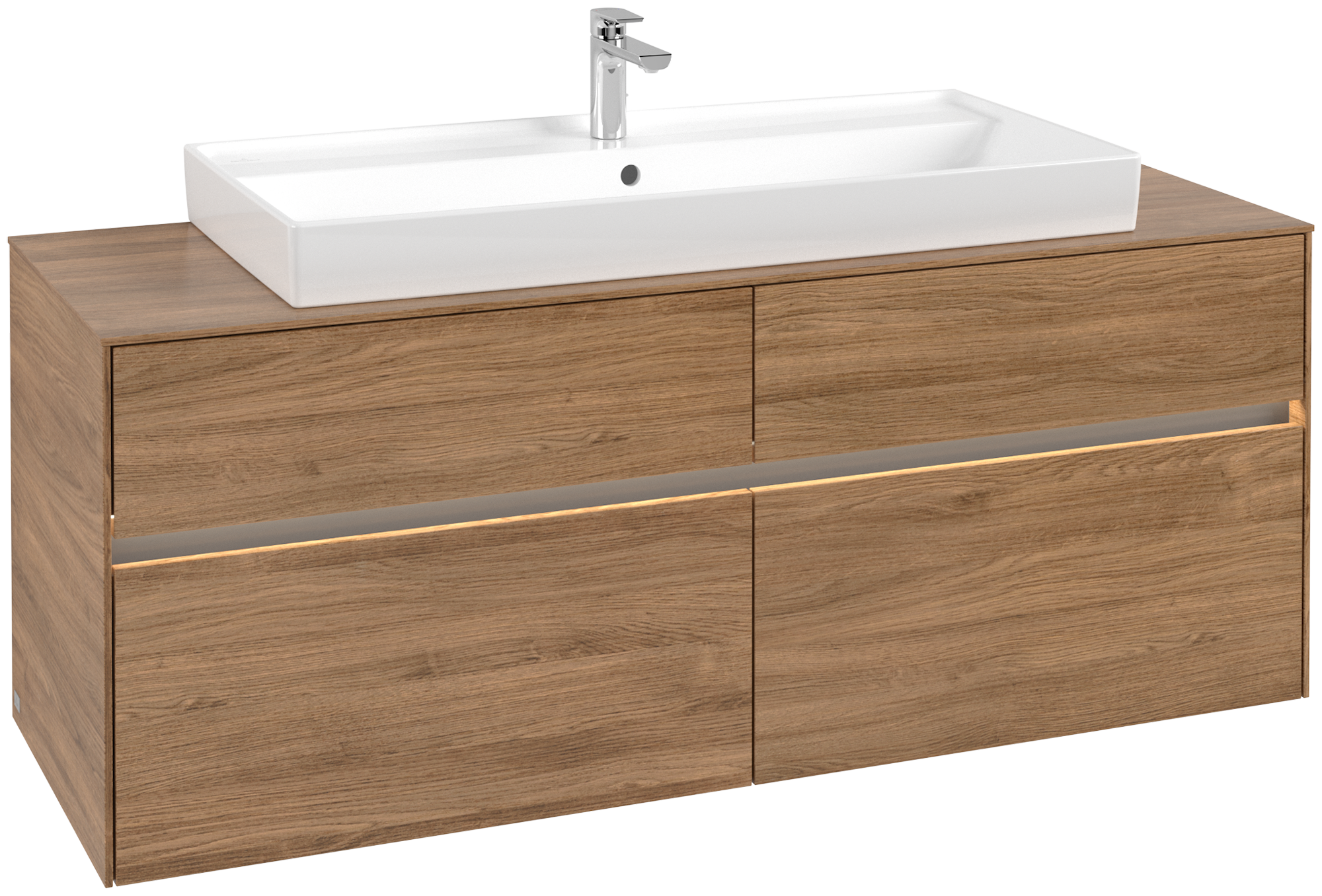 Villeroy & Boch Collaro Waschbeckenunterschrank, mit Beleuchtung, 4 Auszüge, 1400x548x500mm, Korpus: Kansas Oak, Front: Kansas Oak