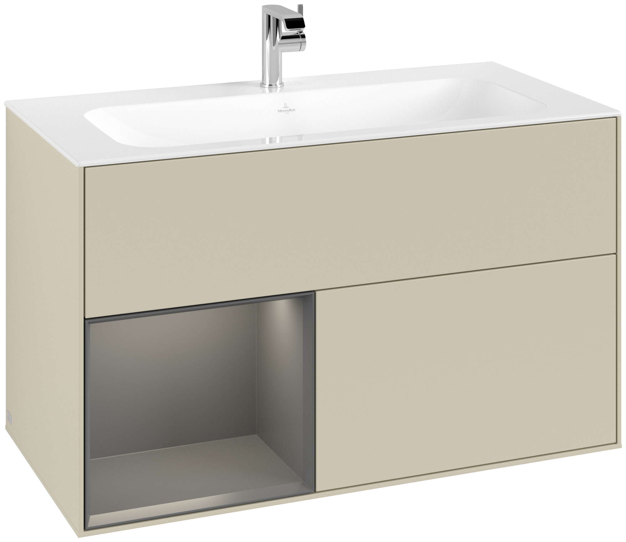 Villeroy & Boch Finion Meuble sous plan, avec éclairage, 2 tiroirs sur rails, 996x591x498mm, Caisson: Silk Grey Matt Lacquer, Façade: Silk Grey Matt Lacquer, Élément d’étagère: Anthracite Matt Lacquer