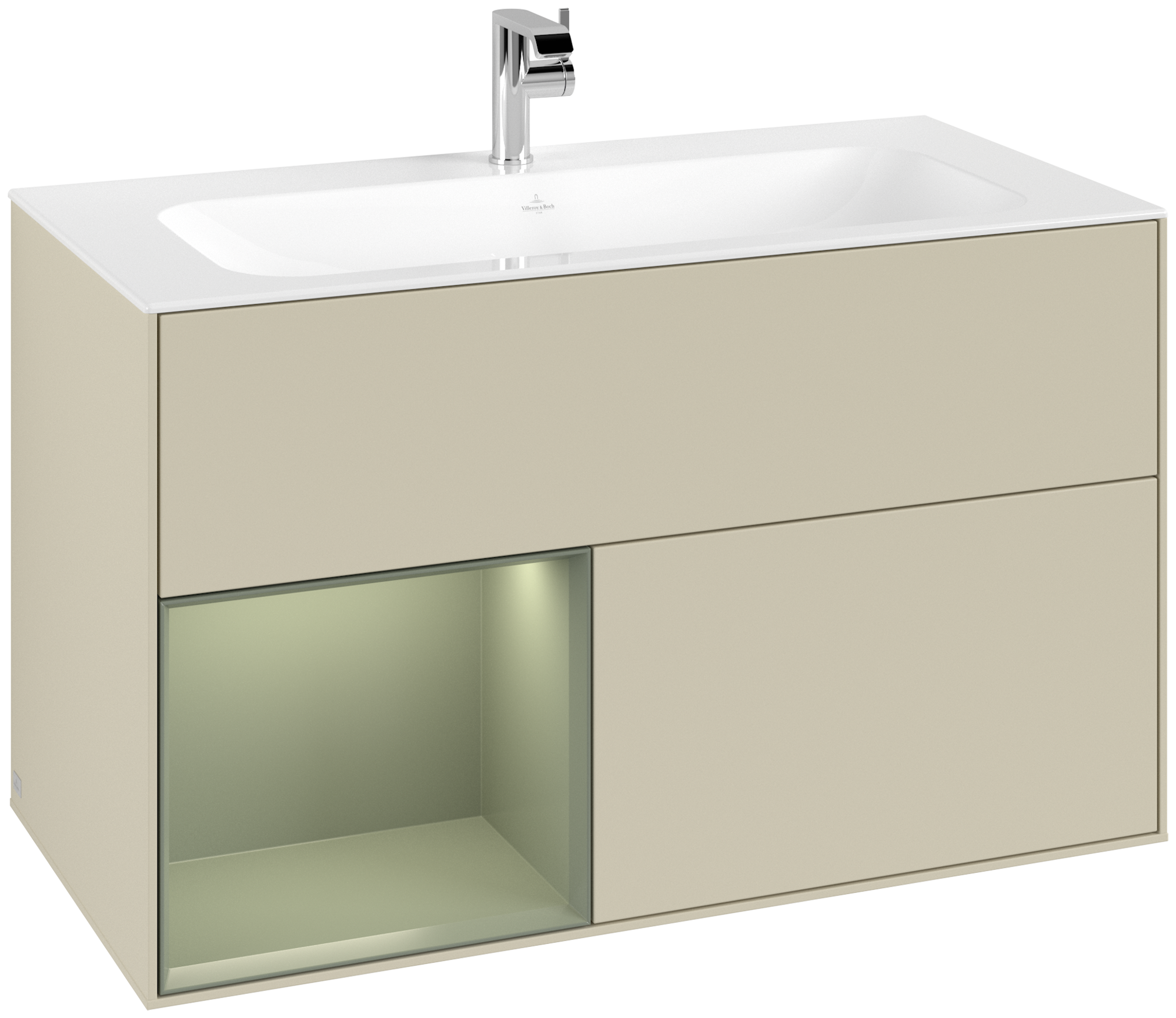 Villeroy & Boch Finion Vanity unit, with lighting, 2 pull-out compartments, 996x591x498mm, Body: Silk Grey Matt Lacquer, Front: Silk Grey Matt Lacquer, Shelf: Olive Matt Lacquer
