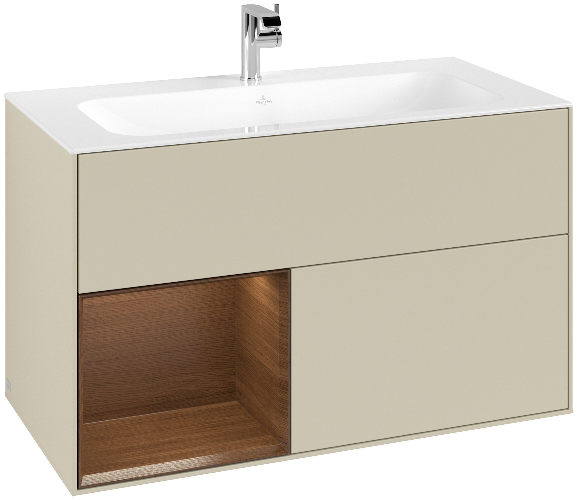 Villeroy & Boch Finion Meuble sous plan, avec éclairage, 2 tiroirs sur rails, 996x591x498mm, Caisson: Silk Grey Matt Lacquer, Façade: Silk Grey Matt Lacquer, Élément d’étagère: Walnut Veneer