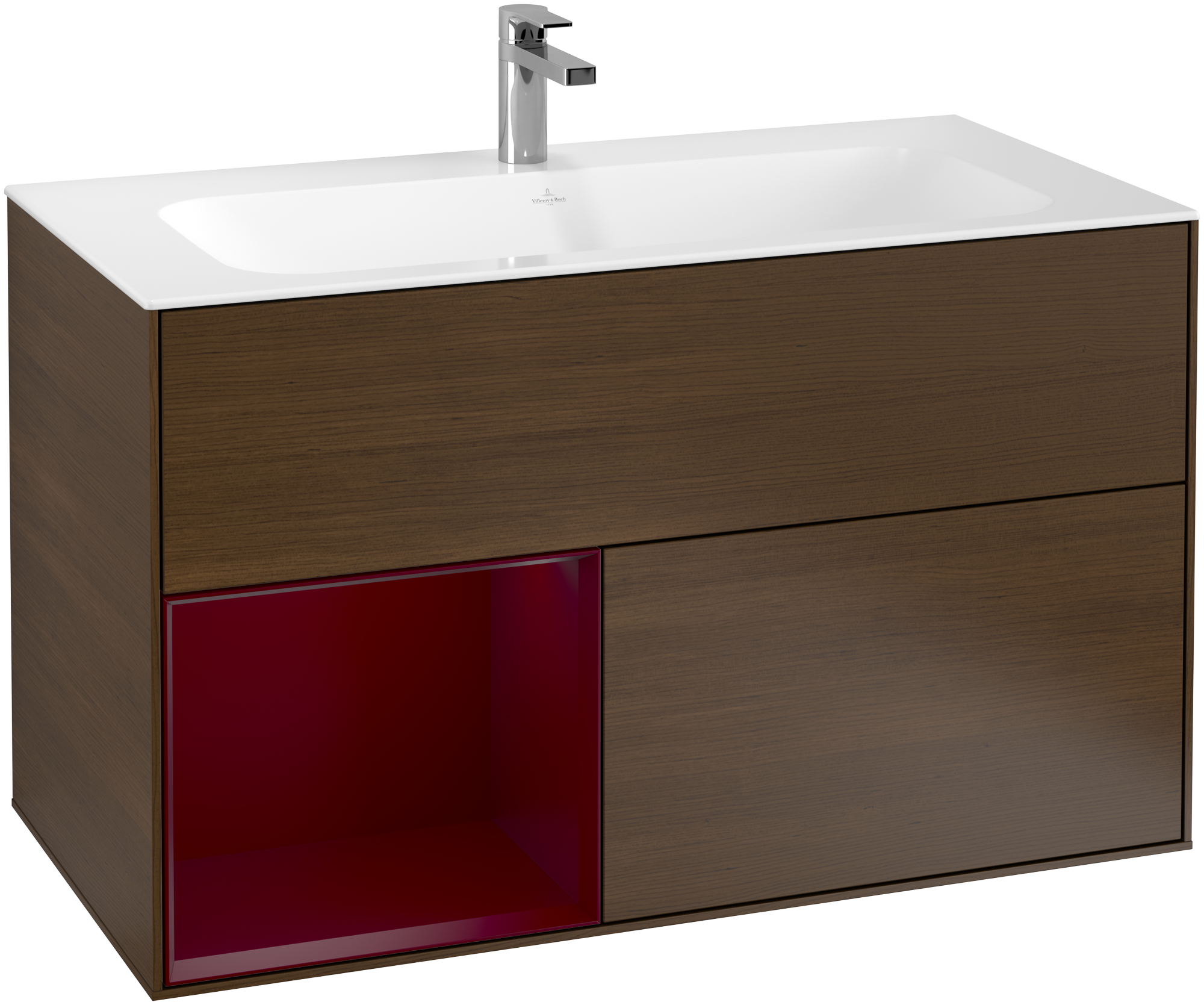 Villeroy & Boch Finion Vanity unit, with lighting, 2 pull-out compartments, 996x591x498mm, Body: Walnut Veneer, Front: Walnut Veneer, Shelf: Peony Matt Lacquer
