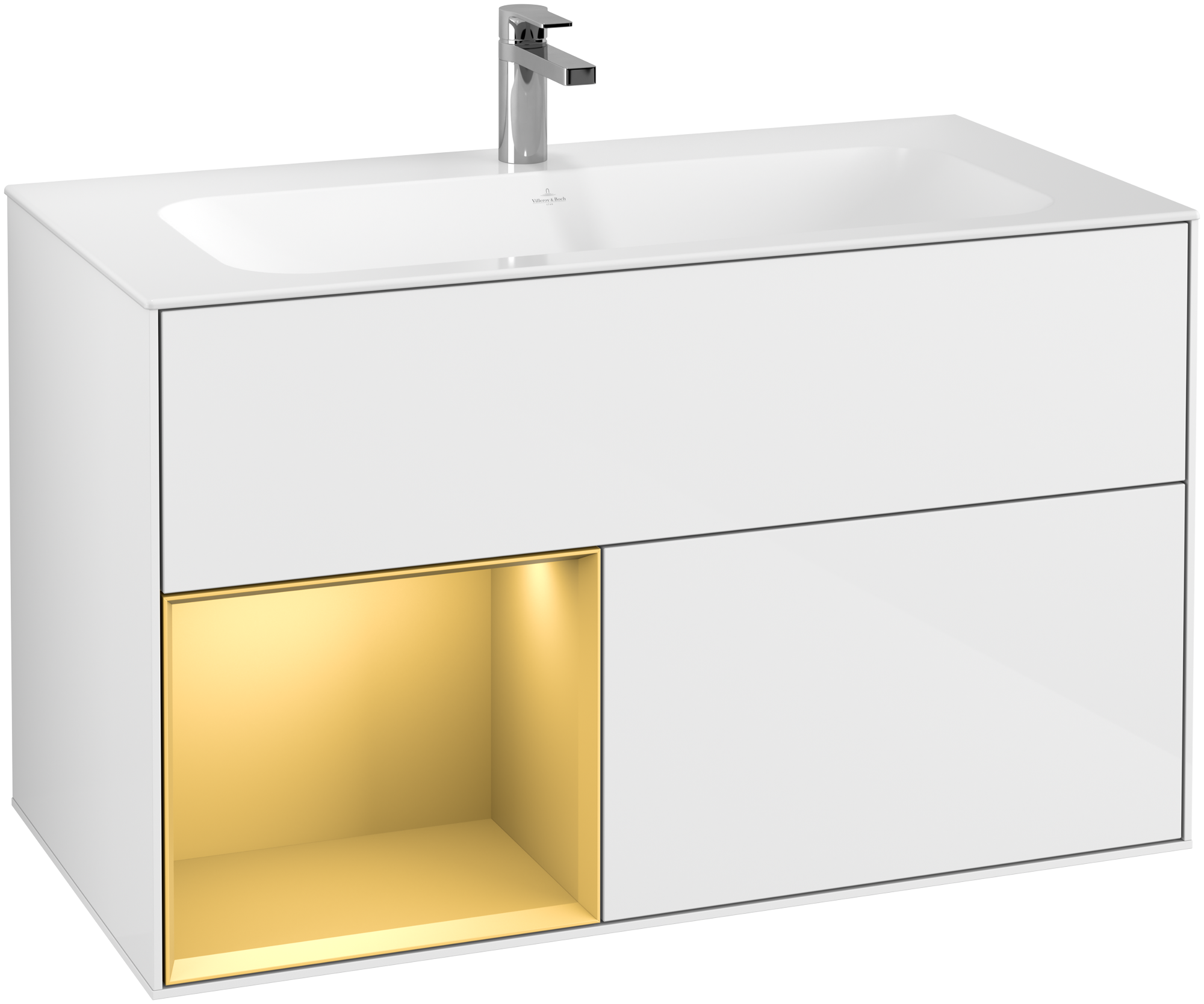 Villeroy & Boch Finion Meuble sous plan, avec éclairage, 2 tiroirs sur rails, 996x591x498mm, Caisson: Glossy White Lacquer, Façade: Glossy White Lacquer, Élément d’étagère: Gold Matt Lacquer