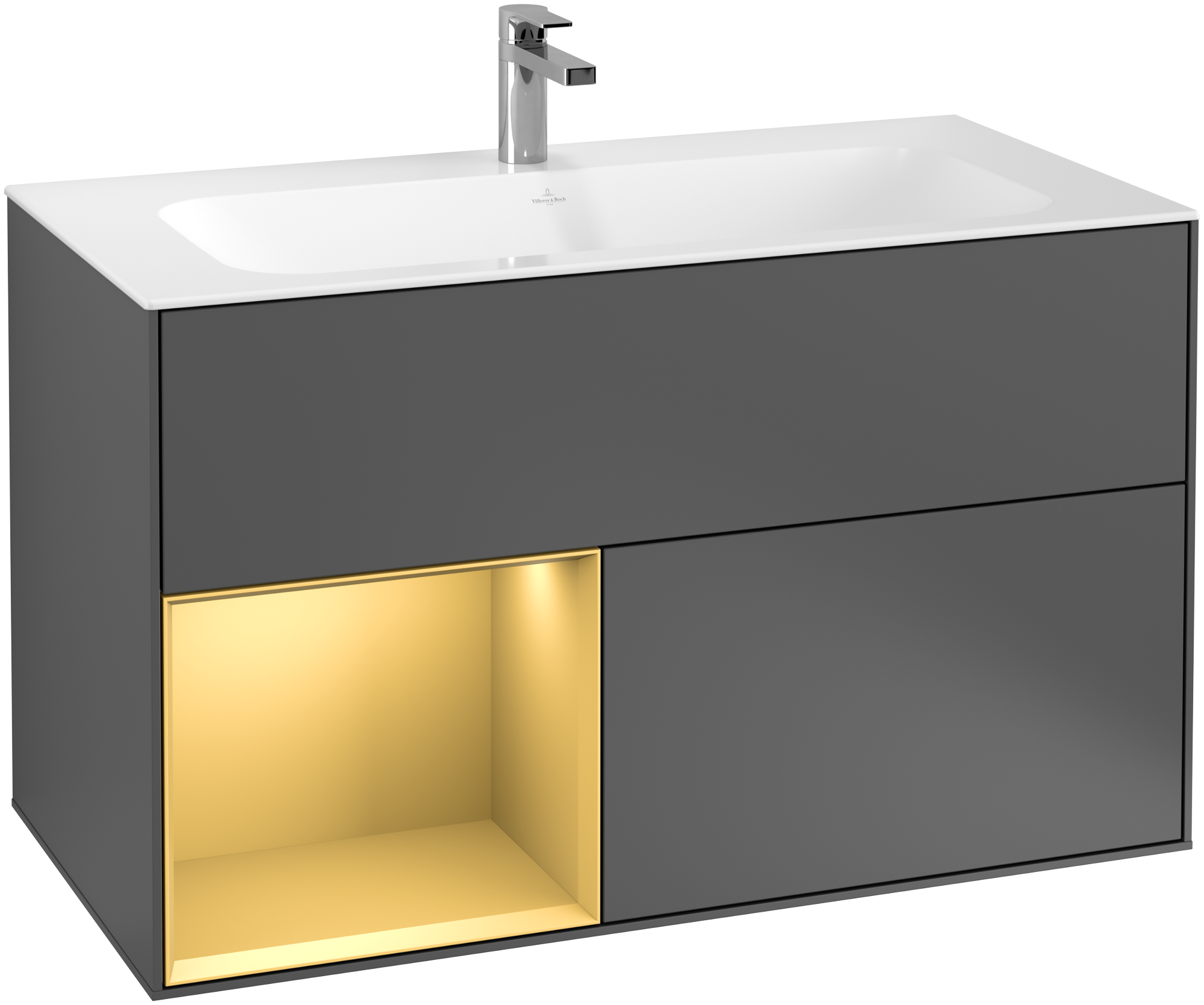 Villeroy & Boch Finion Meuble sous plan, avec éclairage, 2 tiroirs sur rails, 996x591x498mm, Caisson: Anthracite Matt Lacquer, Façade: Anthracite Matt Lacquer, Élément d’étagère: Gold Matt Lacquer