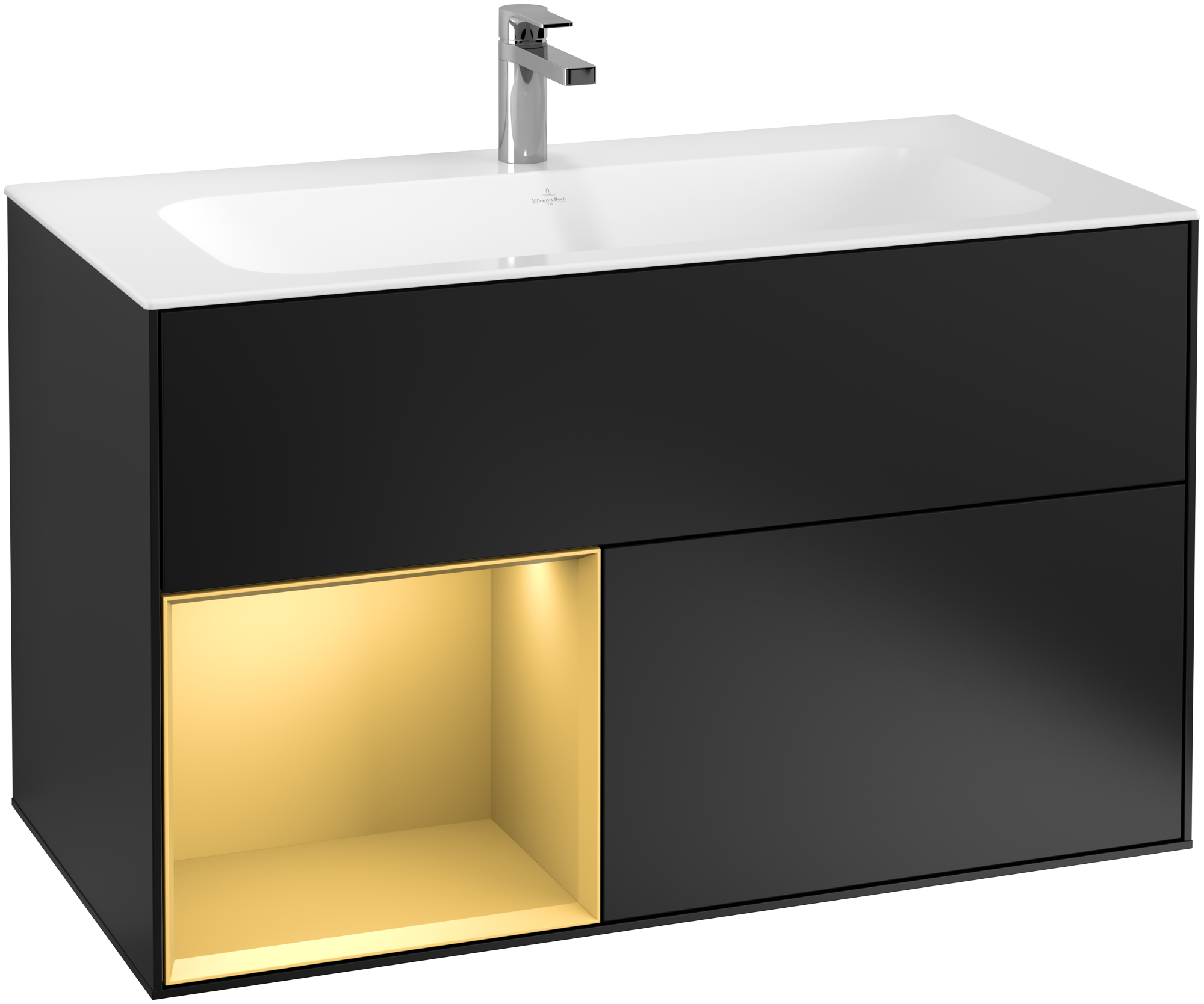 Villeroy & Boch Finion Waschbeckenunterschrank, mit Beleuchtung, 2 Auszüge, 996x591x498mm, Korpus: Black Matt Lacquer, Front: Black Matt Lacquer, Regalelement: Gold Matt Lacquer