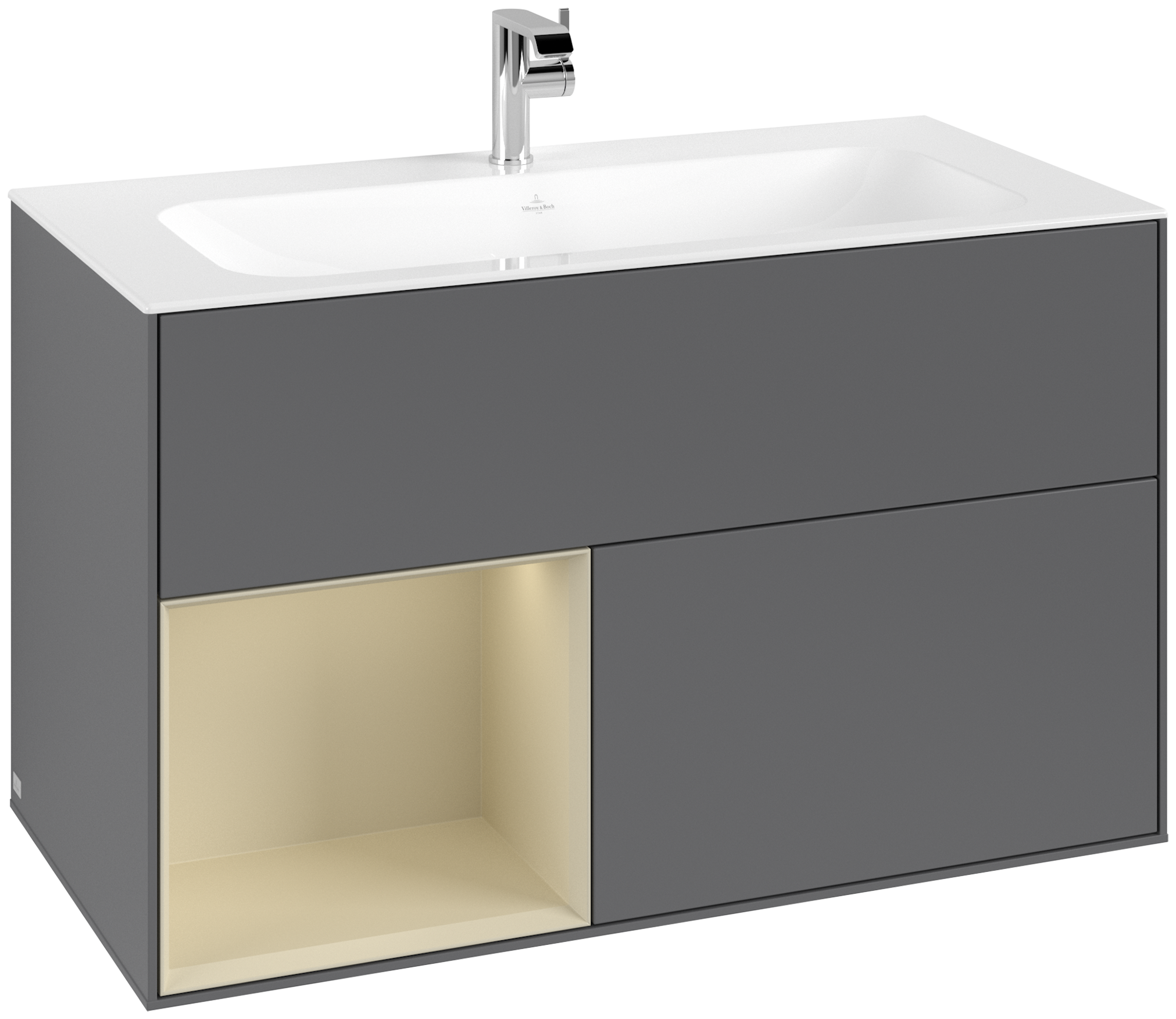 Villeroy & Boch Finion Waschbeckenunterschrank, mit Beleuchtung, 2 Auszüge, 996x591x498mm, Korpus: Anthracite Matt Lacquer, Front: Anthracite Matt Lacquer, Regalelement: Silk Grey Matt Lacquer