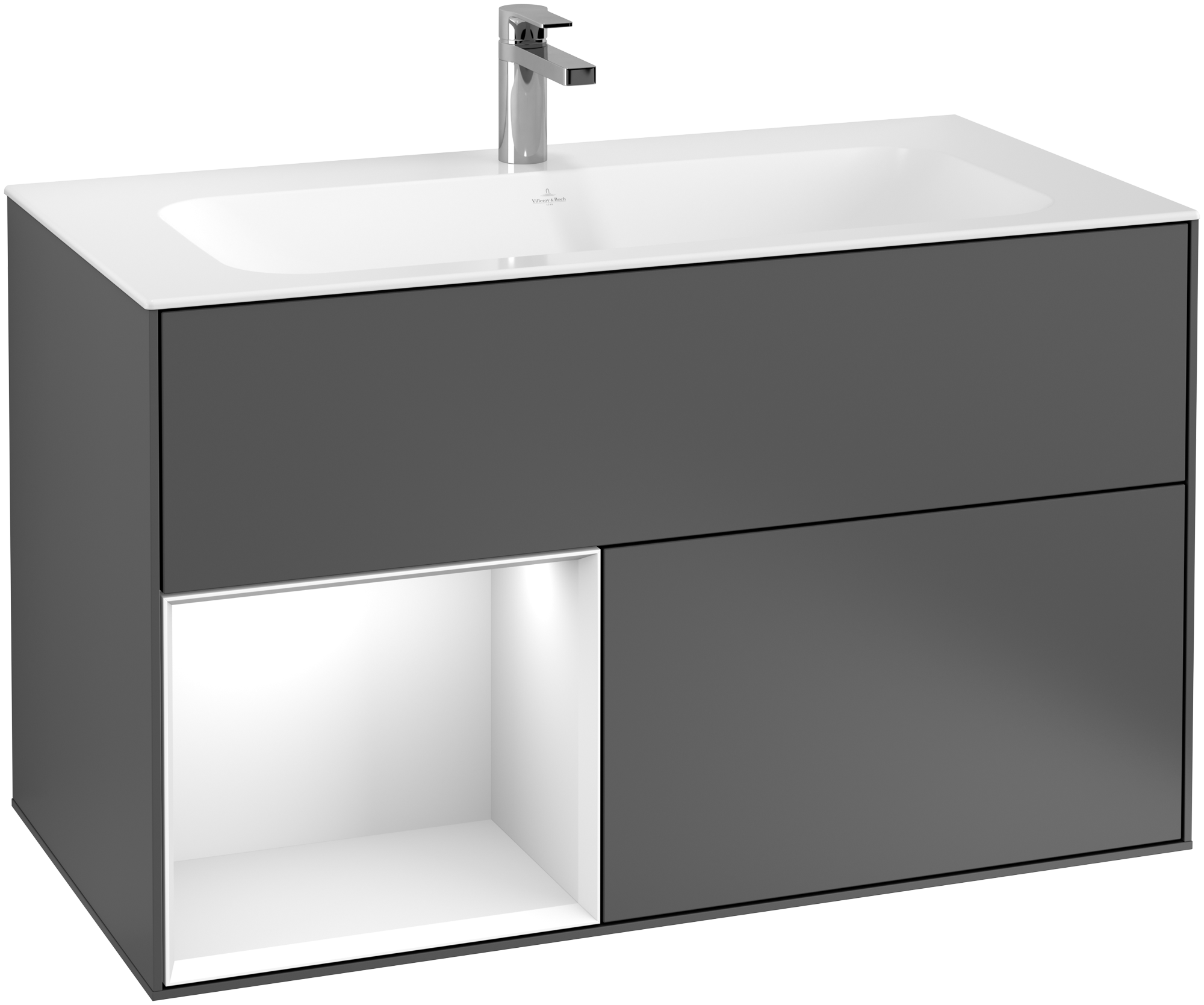Villeroy & Boch Finion Vanity unit, with lighting, 2 pull-out compartments, 996x591x498mm, Body: Anthracite Matt Lacquer, Front: Anthracite Matt Lacquer, Shelf: White Matt Lacquer