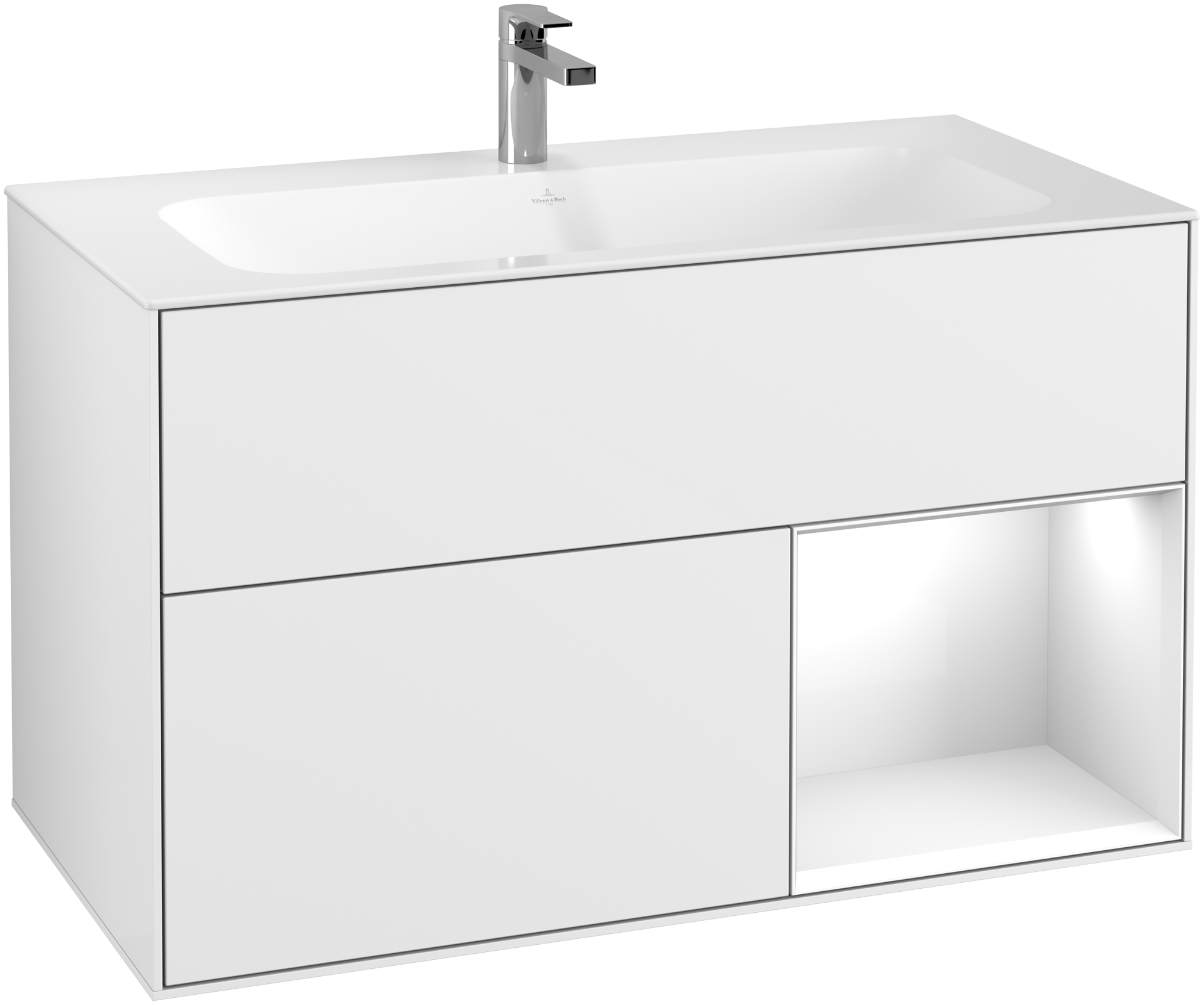 Villeroy & Boch Finion Vanity unit, with lighting, 2 pull-out compartments, 996x591x498mm, Body: Glossy White Lacquer, Front: Glossy White Lacquer, Shelf: Glossy White Lacquer