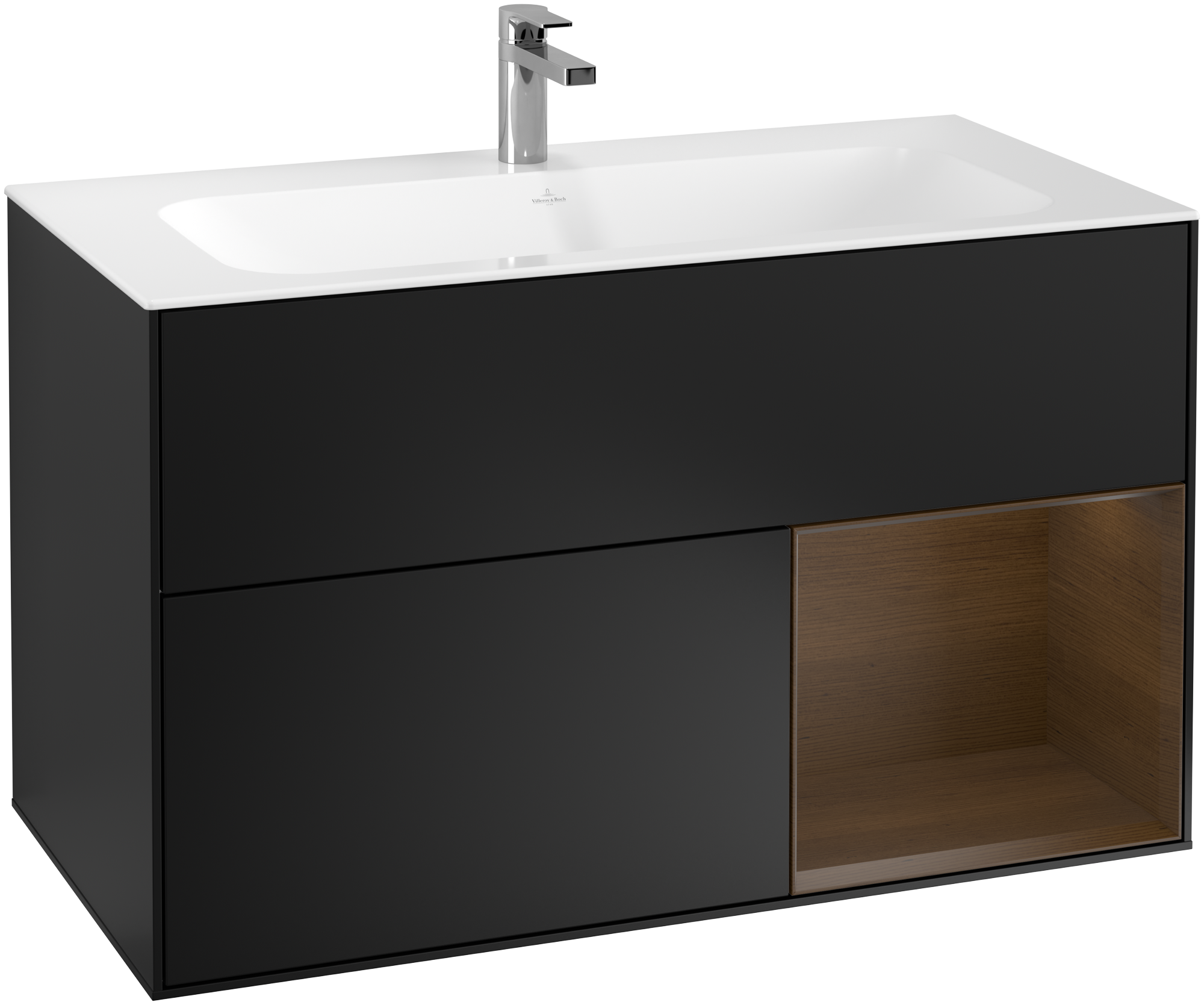 Villeroy & Boch Finion Meuble sous plan, avec éclairage, 2 tiroirs sur rails, 996x591x498mm, Caisson: Black Matt Lacquer, Façade: Black Matt Lacquer, Élément d’étagère: Walnut Veneer