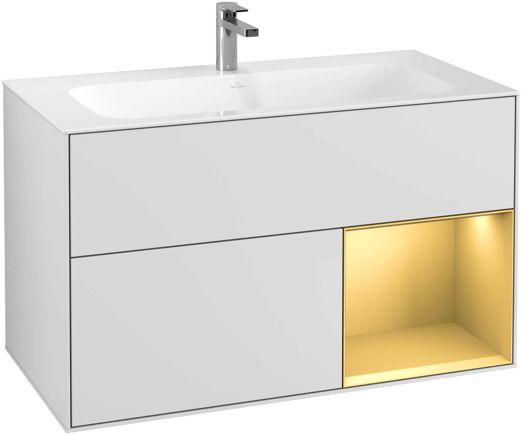Villeroy & Boch Finion Waschbeckenunterschrank, mit Beleuchtung, 2 Auszüge, 996x591x498mm, Korpus: White Matt Lacquer, Front: White Matt Lacquer, Regalelement: Gold Matt Lacquer